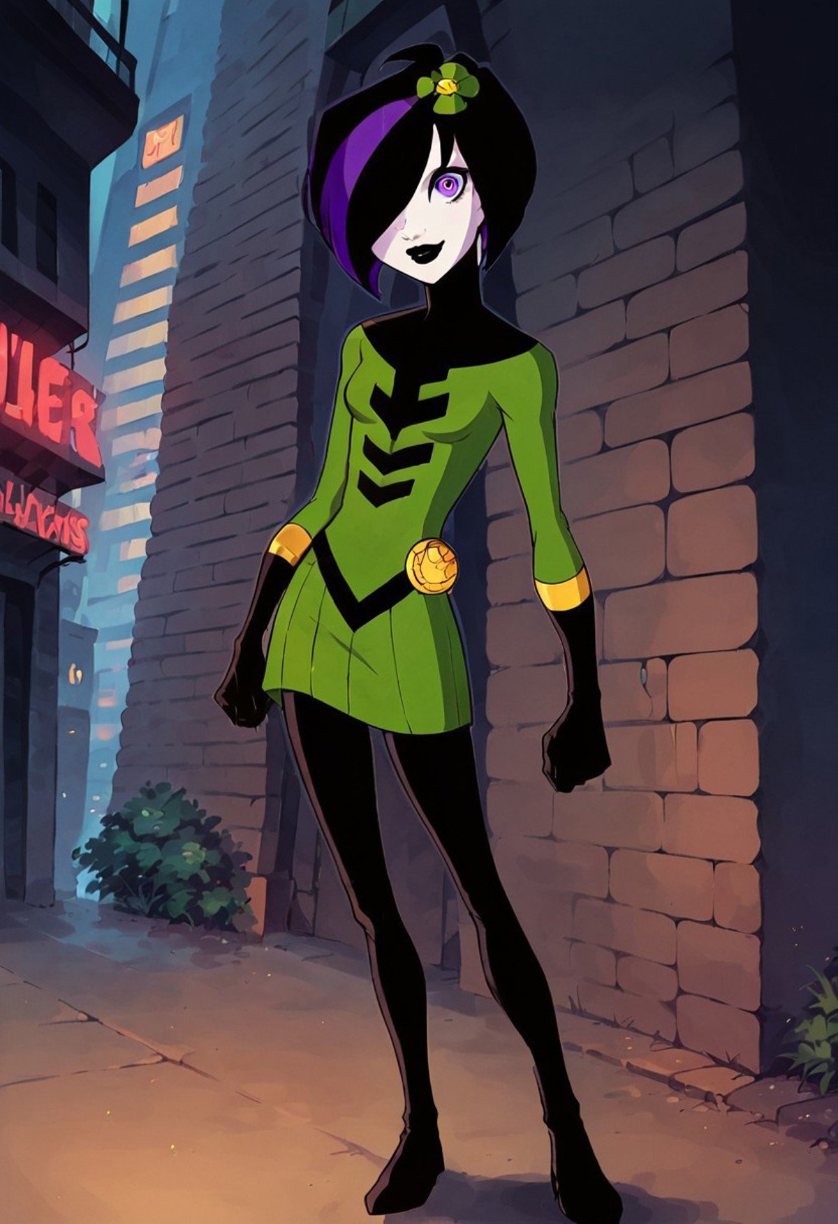 1girl, score_9, score_8_up, score_7_up, western cartoon, black belt, black lipstick, black gloves, purple eyes, black hair, dark purple streak in hair, hair cover one eye, medium bob, white skin, black leggings, black belt, gold circle on belt, green flower in hair, bright green dress, skintight dress, long sleeves, bright green sleeves, gold trim on gloves, black turtleneck, black top of dress, standing, looking at viewer, smile, masterpiece, high quality, skinny, small breasts, full body, petite, short height, short dress, rundown city, street, cute face, young, small bust, skinny, neon lighting, very detailed, depth of field, cinematic illumination, volumetric lighting, full color picture, vibrant colors, 6giants, giants in background, size difference, small woman, 