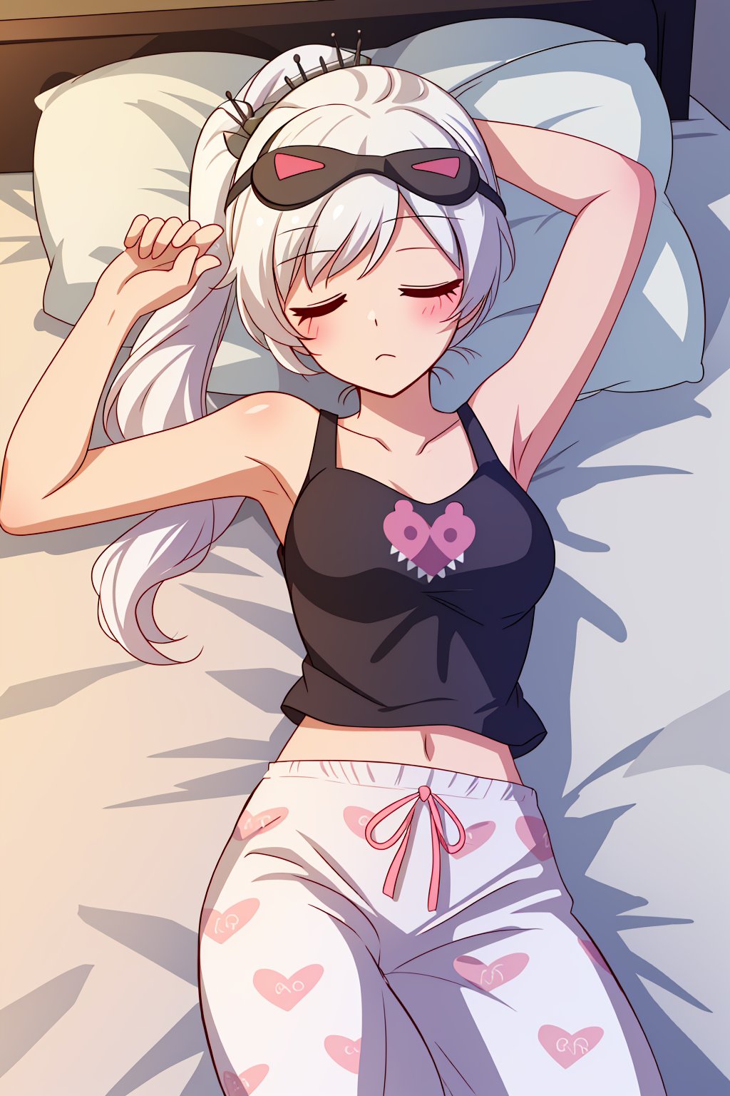 solo,<lora:RubyPajama-05:0.7>, jammiesrose, <lora:rwby_weissschnee:0.6> ,weiss schnee,white hair,side ponytail,closed eyes,tank top, pajamas, (sleep mask), lying in bed, on back,