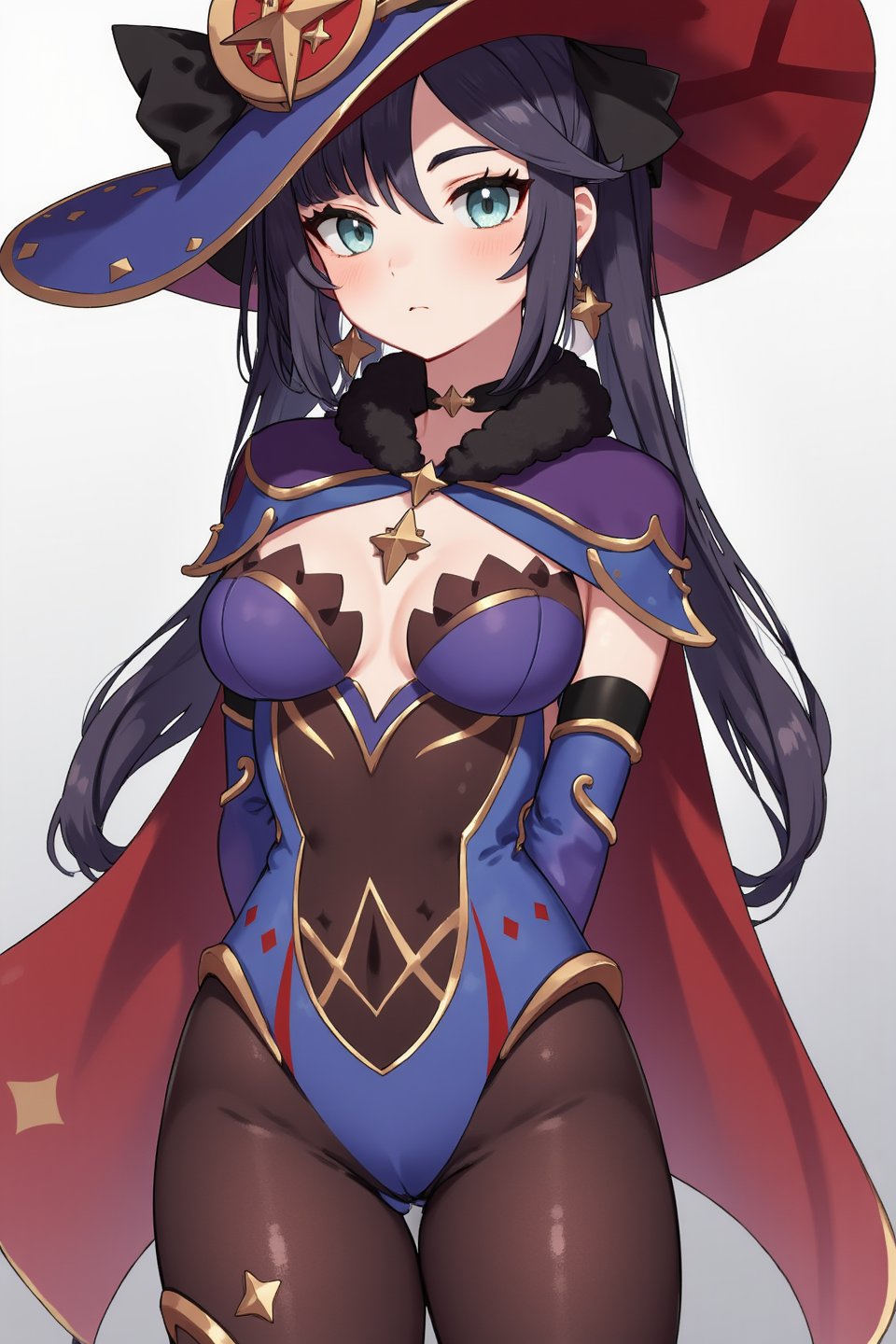 an anime style portrait of mona. black gloves, detached sleeves, black pantyhose, blue leotard, thighlet, gold trim, bodystocking, fur collar, purple headwear, hat ornament, cape, black choker, hands behind back <lora:Mona:1> <lora:fca_style_32:1>