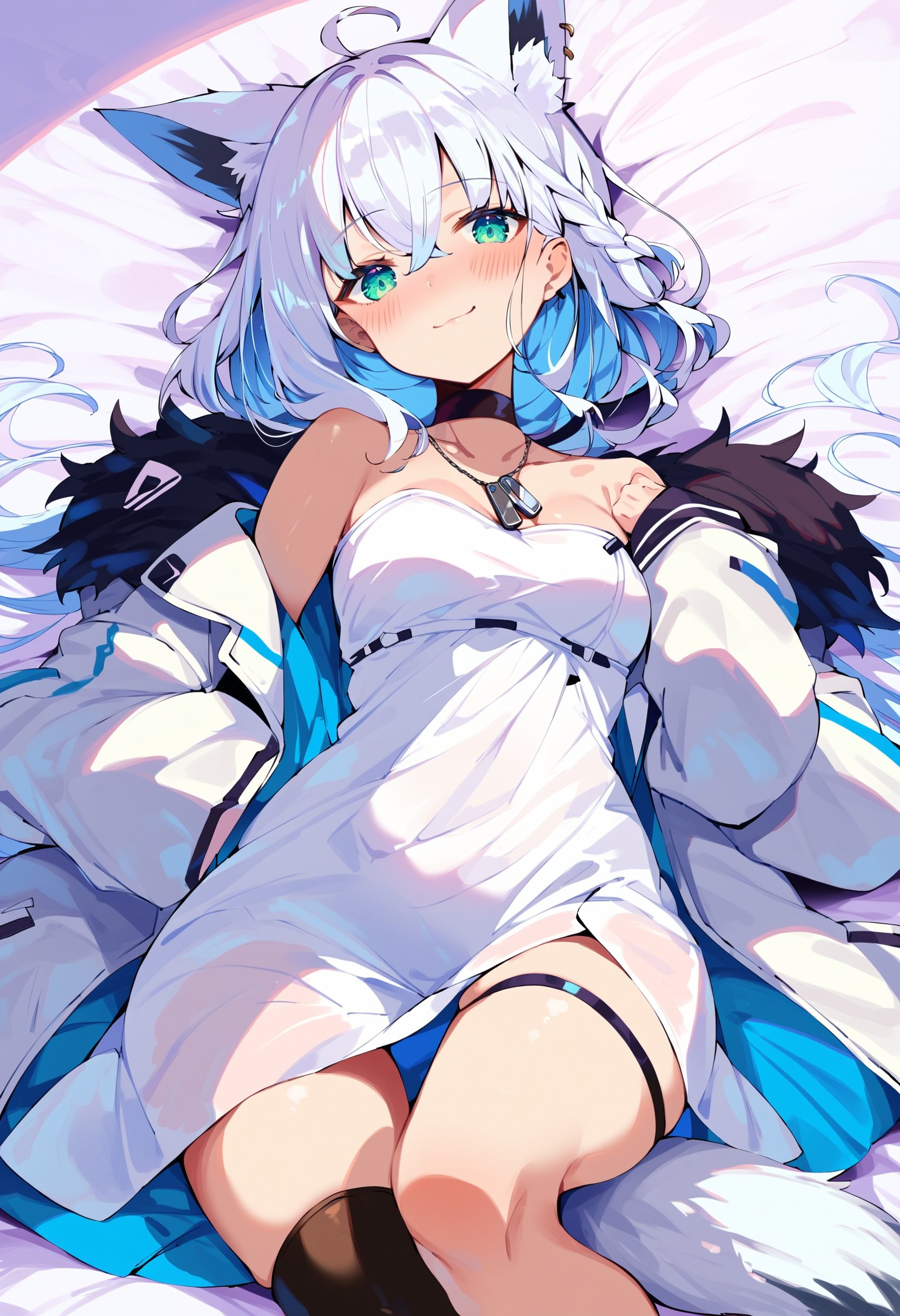 score_9, score_8_up, score_7_up, score_6_up, source anime,shirakami fubuki, 1girl, solo, dog tags, long hair, thigh strap, jacket, black choker, looking at viewer, fur trim, choker, blush, lying, dress, official alternate costume, smile, on back, fur-trimmed jacket, white jacket, open clothes, open jacket, green eyes, bed sheet, off shoulder, collarbone, white dress, fox tail, sidelocks, small breasts, strapless, long sleeves<lora:shirakami_fubuki_v2:1>