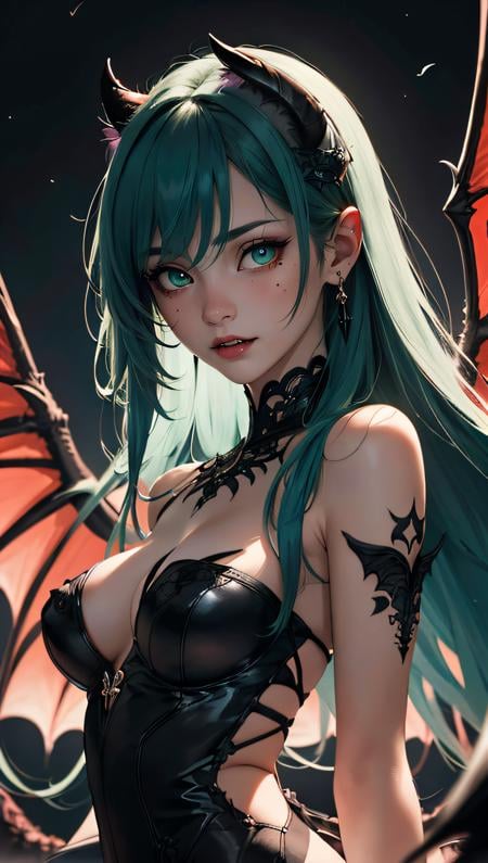 (best quality, masterpiece, colorful, dynamic angle, highest detailed)upper body photo, fashion photography of cute succubus girl, gothic, large demon red wings (high resolution textures), long green hair, (abstract art), half demon, crimson cat iris, cat eyes, vampire very long fangs, (intricate details, hyperdetailed:1.15), detailed, moonlight passing through hair, (official art, extreme detailed, highest detailed), HDR+