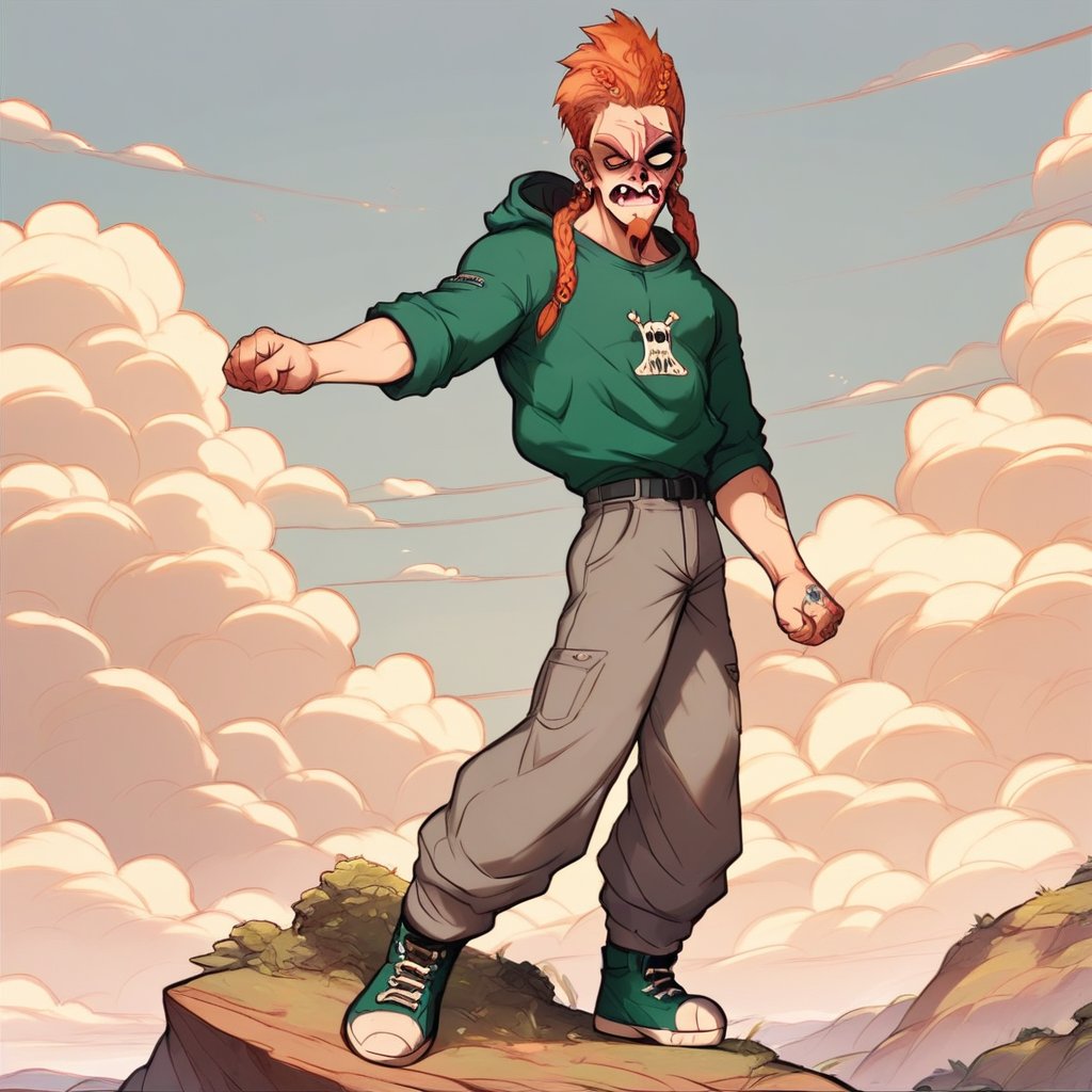 (score_9, score_8_up, score_7_up:1.2),source_anime,Gorka,full body, In a desolate desert landscape with rugged mountains rising in the background, Gorka stands tall in a full-body frontal pose, clothed in anime attire. He grips a bundle of rolled-up clothes in one arm and a pair of sneakers in the other, his facial expression determined as if ready to launch everything off a cliff overlooking a serene river valley.((one eye red and the other white without iris))