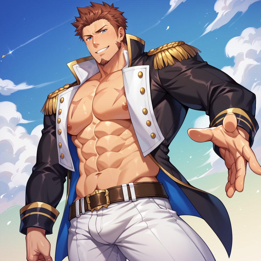 score_9, score_8_up, score_7_up, score_6_up, perfect anatomy, perfect proportions, best quality, masterpiece, high_resolution, high quality, aesthetic, absurdres, (male focus), solo male, napoleon bonaparte \(fate\), fate \(series\), fate/grand order, blue eyes, brown hair, short hair, long sideburns, facial hair, goatee, scar on chest, military uniform, napoleon bonaparte uniform\(fate\), black jacket, epaulettes,  open jacket, pecs, abs, open pants, white pants, black boots, adult, mature, masculine, manly, handsome, charming, alluring, standing, upper body, dutch angle, cowboy shot, adult, mature, masculine, manly, handsome, charming, alluring, standing, upper body, dutch angle, cowboy shot, (perfect hands, perfect fingers:1.3)<lora:EMS-418846-EMS:0.800000>