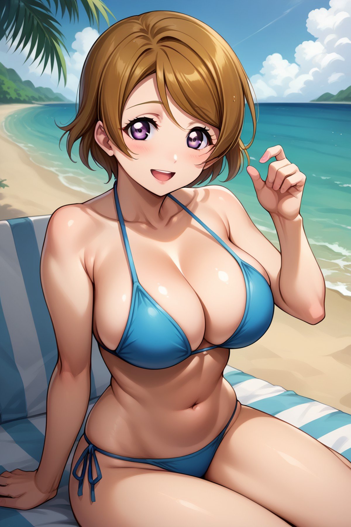 score_9, score_8_up, score_7_up, source_anime BREAK 1girl, solo, lovelive_hanayo, <lora:lovelive_hanayo:1> 150cm taller, bikini, large breasts, brown hair, swept bangs, short hair, purple eyes, looking at you, smile, open mouth, seaside