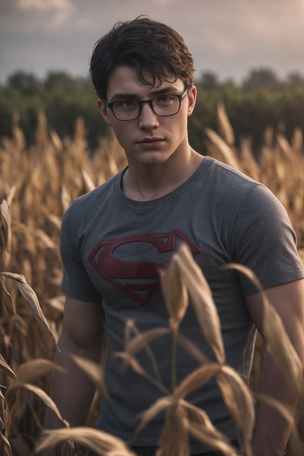 teenage Superboy, young Clark Kent, in a field of corn, smallville, surreal dark art, trending on artstation, interconnected human lifeforms, black oled background, bloom, moody artistic, RAW photo, detailed photo, gorgeous, shallow depth of field, bokeh, volumetric lighting, (surreal:0.4), hyper detailed photorealistic life-like accurate proportional 8k sharp focus, (accurate cinematic lighting), photorealistic detail, (selective focus:0.6)