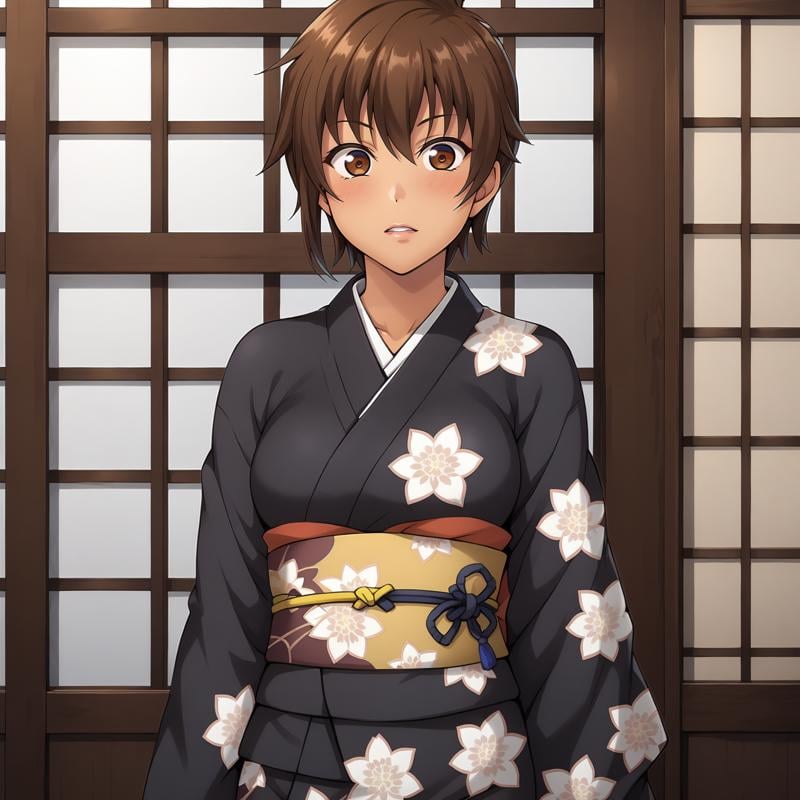 <lora:NagisaFujimaXLpony001>,blush,parted lips,solo,NagisaFujima,1girl,brown hair,short hair,brown eyes,tan,cowboy shot,print_kimono,