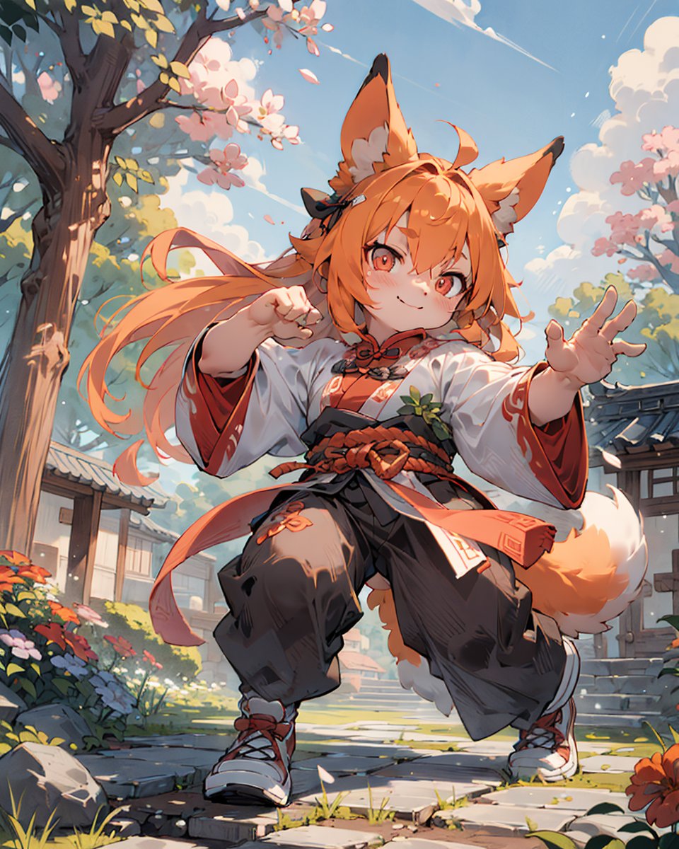 best hands,best quality,(masterpiece,ultra detailed 8k art,illustration),kung fu, (human face, 1 girl,drooping ears dog),out door, chinese clothes,orange long hair, (orange drooping ears),(drooping ears:1.2), orange tail, red eyes,flower garden,  looking up at the sky BREAKsmile,(full body), kung fu shoes