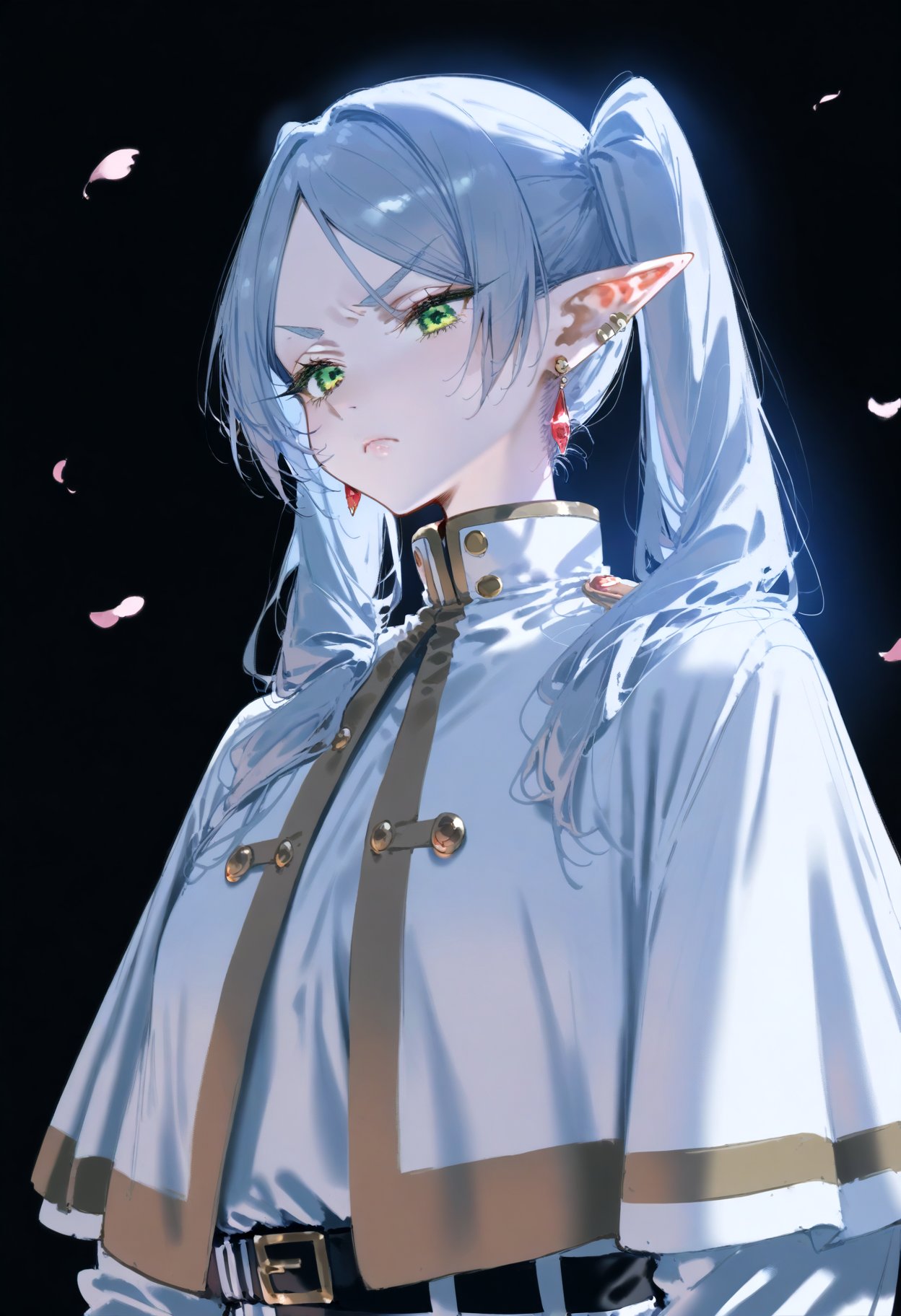 score_9, score_8_up, score_7_up, dark theme, 1girl, looking down, bad mood, glaring, looking at viewer, black background, closed mouth, very aesthetic, absurdres, upper body,  frieren, pointy ears, solo, twintails, earrings, jewelry, petals, capelet, elf, white capelet, green eyes, long hair, long sleeves, standing <lora:(Sousou no) Frieren [404455]:0.8> 