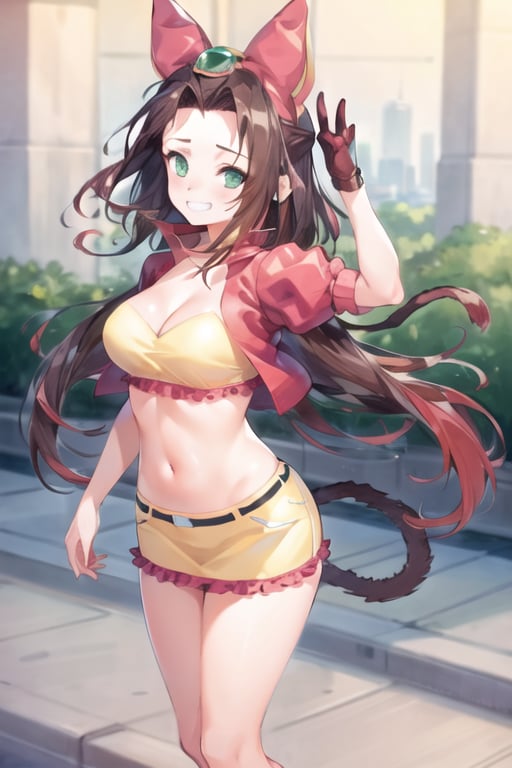 1girl, sthsara, long hair, brown hair, forehead, green eyes, hair bow, jacket, miniskirt, navel, cat tail, puffy sleeves, short sleeves, grin, looking at viewer, standing, city <lora:sara_sth-000005:1>