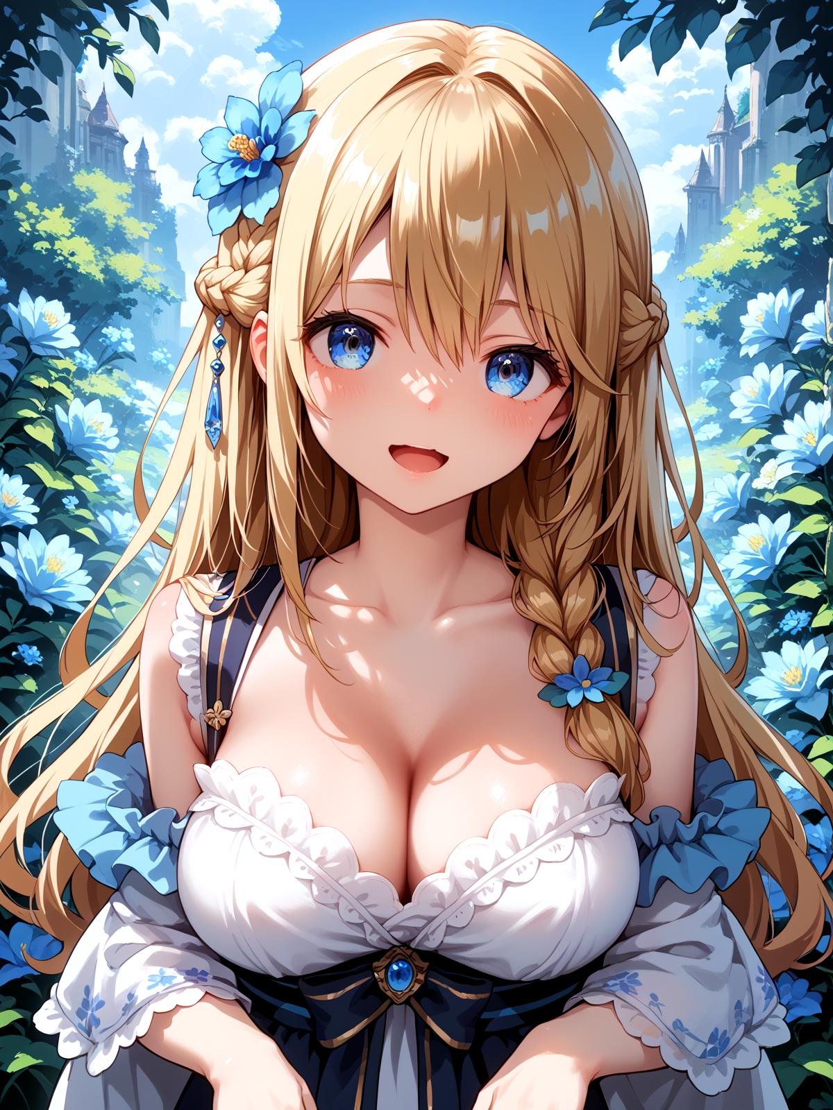 score_anime, score_9, score_8_up, score_7_up, masterpiece, beautiful scenery, floral background, <lora:AyagiDP:1> AyagiDP, 1girl, solo, (upper body:1.3), long hair, smile, open mouth, blue eyes, large breasts, hair between eyes, braid, flower, hair flower, blue flower