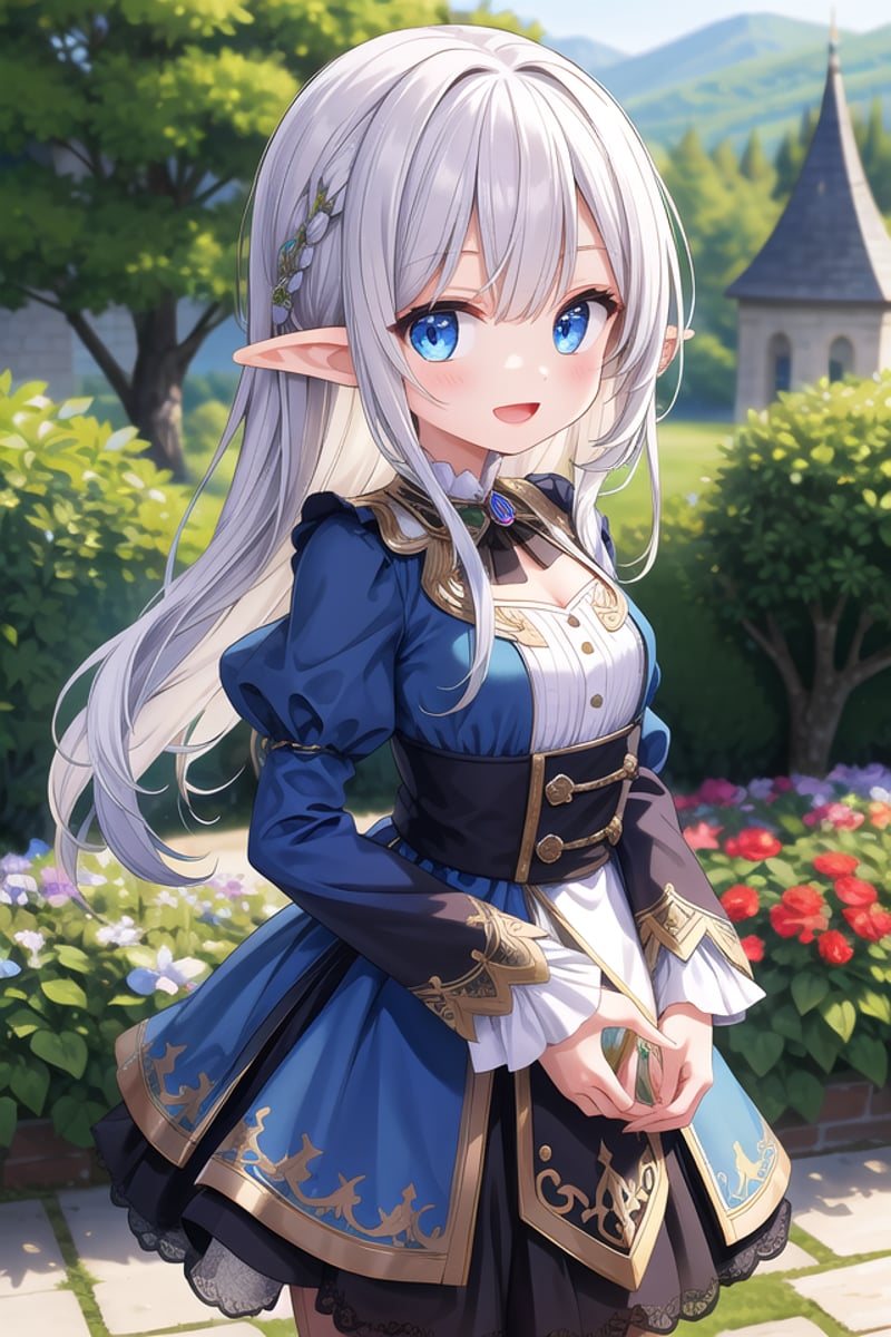 insanely detailed, absurdres, ultra-highres, ultra-detailed, best quality,1girl, solo, nice hands, perfect handsBREAKelf girl, (wearing sorcerer outfit:1.2), (nsfw:-1.5), (navel:-1)BREAKhappy smile, laugh, open mouthBREAK45 angle,standing, cowboy shot, looking at viewerBREAKslender, kawaii, perfect symmetrical face, ultra cute girl, ultra cute face, ultra detailed eyes, ultra detailed hair, ultra cute, ultra beautifulBREAKfantasy world, garden of castle, depth of field, ultra detailed backgroundBREAKmedium breasts,BREAKsilver hair, elf ear, blue eyes