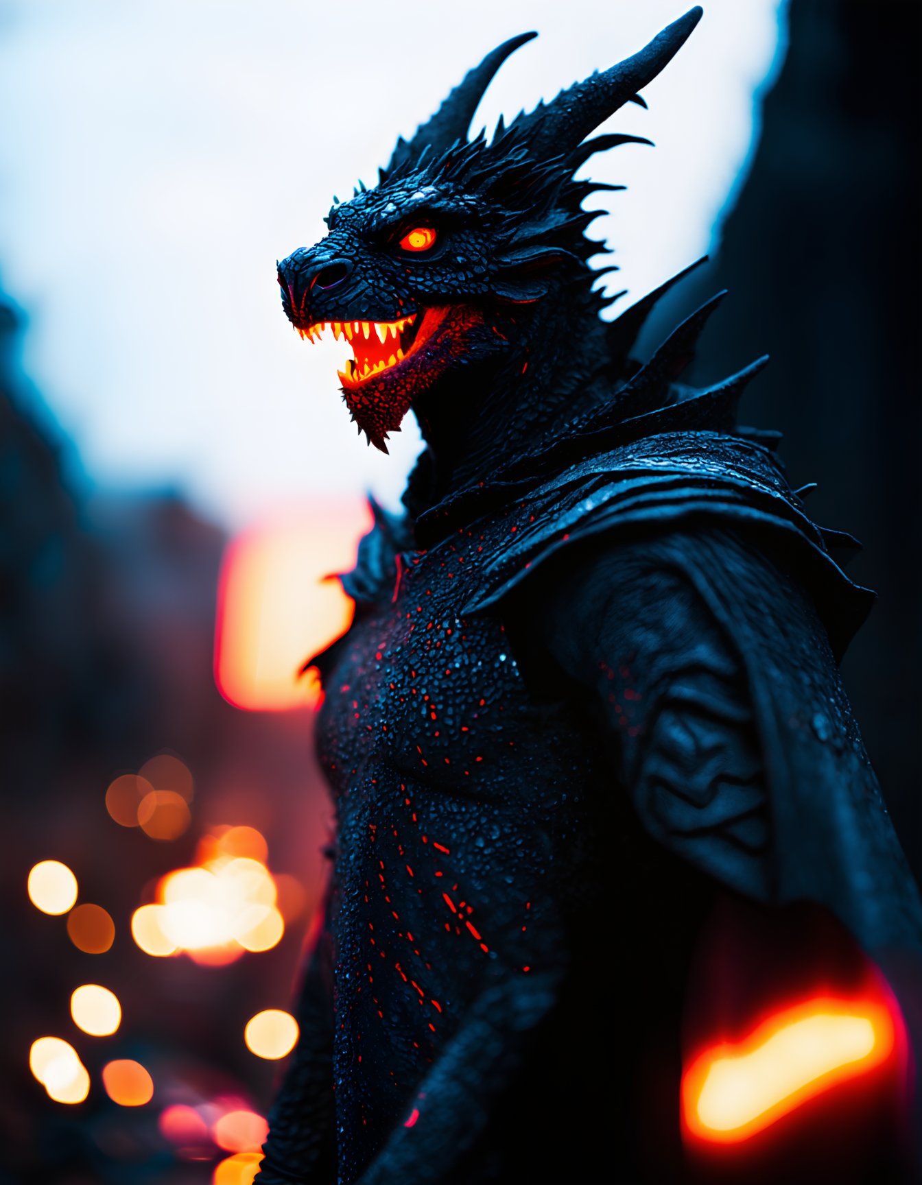 realistic, photo, film grain, black dragonborn, solo, red eyes, male, upper body, male focus, horns, cape, armor, glowing, glowing eyes, volumetrics dtx, (film grain, blurry background, blurry foreground, bokeh, depth of field, motion blur, realistic:1.3), ((masterpiece, best quality)),