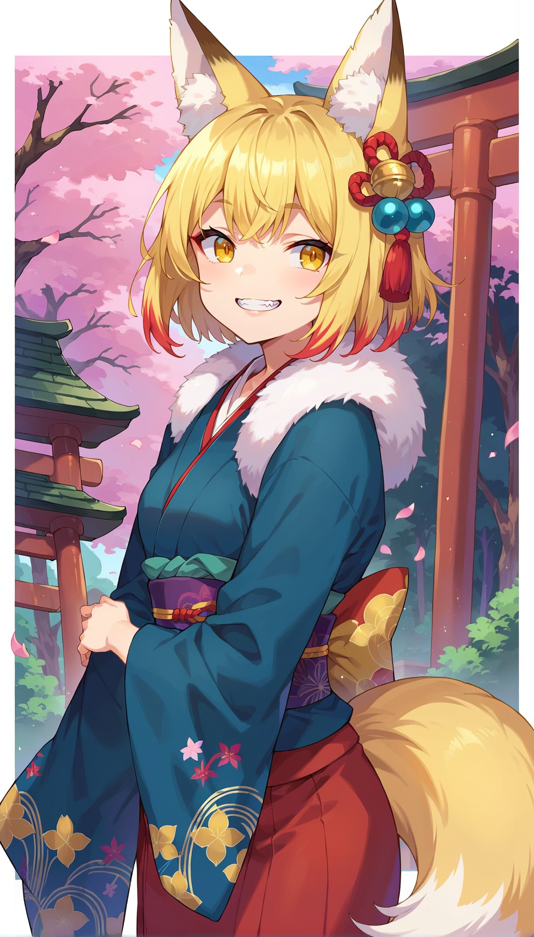 score_9, score_8_up, score_7_up, score_6_up, score_5_up, score_4_up, source anime, 1girl, tail, animal ears, blonde hair, fox tail, fox ears, solo, fur trim, yellow eyes, bangs, shiny hair, kimono, hair ornament, shiny, multicolored hair, long sleeves, short hair, teeth, parted lips, wide sleeves, grin, upper body, torii