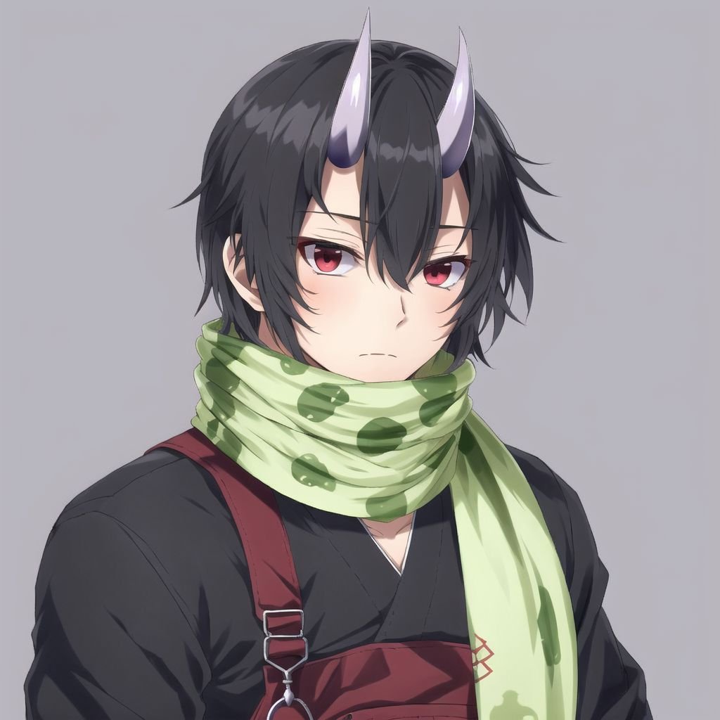 <lora:onihors:1>,  oni horns, oni, horns, 1boy, black hair, dark skin, highres, holding, holding weapon, kami-tachi ni hirowareta otoko, kanra \(igx\), looking at viewer, male focus, overalls, red eyes, ryouma takebayashi, scarf, simple background, slime, solo, weapon