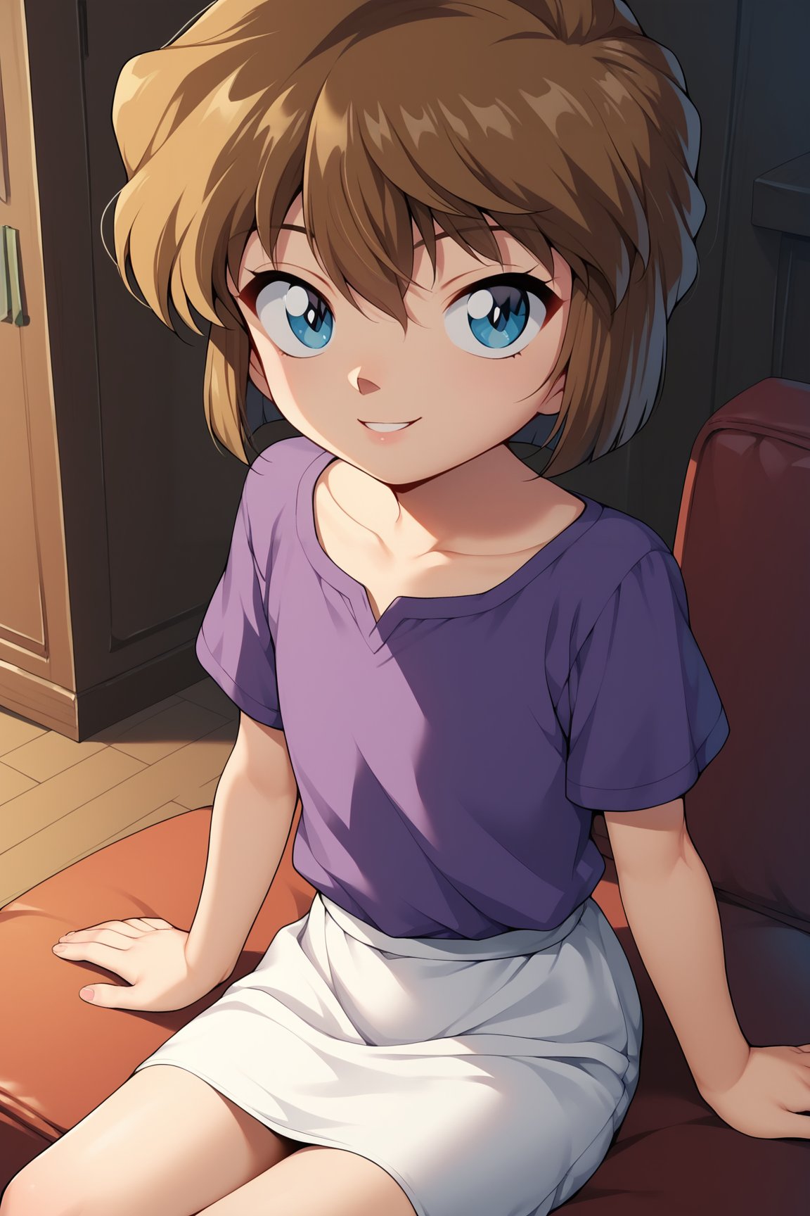 score_9, score_8_up, score_7_up, score_6_up, score_5_up, score_4_up, AiHaibaraDCXL, child, retro artstyle, big eyes, blue eyes, brown hair, hair between eyes, short hair, flat chest, collarbone, purple shirt, short sleeves, white skirt, solo, sitting, seductive smile, looking at viewer, indoors <lora:AiHaibaraDCXL:0.8>