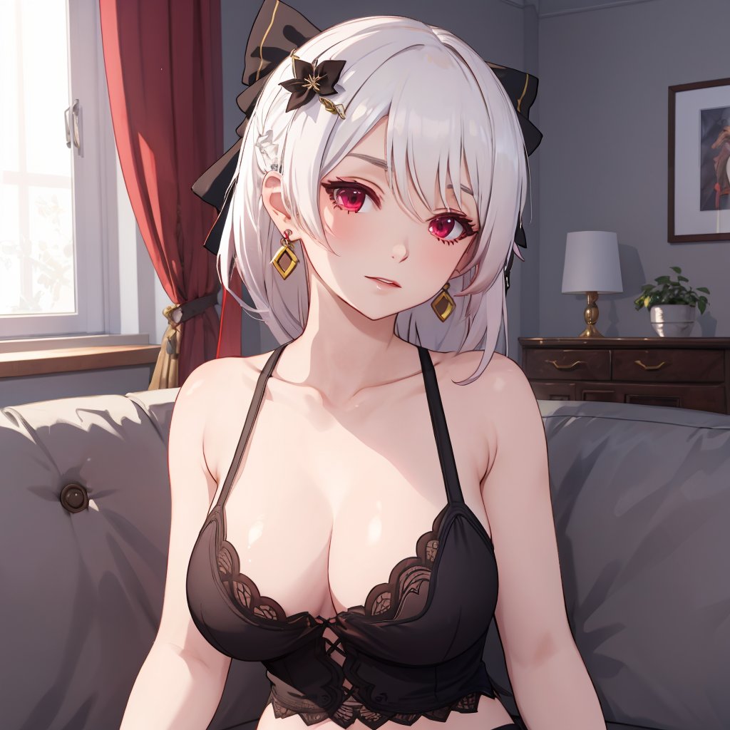 1girl, theresa apocalypse, erotic, hair flower, mature female, hair ornament, flower, earrings, lace tank top, micro shorts, head tilted, glossy skin, hair ribbon, ambient lighting, indoors, living room, sitting on couch, <lora:Char-Honkai-Theresa:0.8>