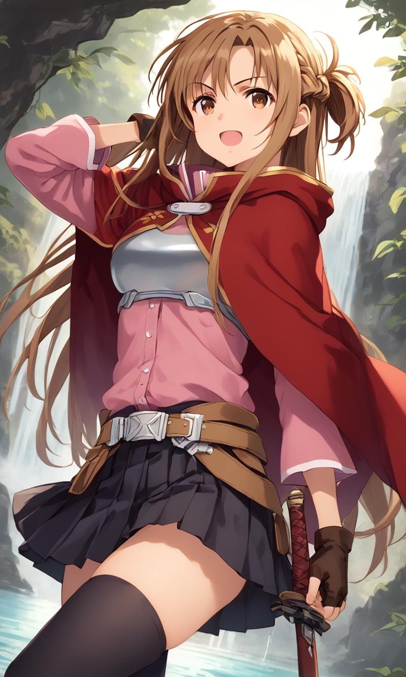 <lora:sdxl-sao-asuna-pony:0.8> asuna, sao, 1girl, solo, brown eyes, brown hair, long hair, bangs, medium breasts, french braid +++ breastplate, pink long sleeves shirt, belt,  black pleated skirt, black thighhighs, zettai ryouiki, gray short boots, fingerless gloves, red cape with hood  +++ rapier at hip , happy, :), Jungle Waterfall, Daylight, +++ crossed legs, ass focus, looking at viewer, Dutch Angle, Dutch Tilting ullbody, cinematic lighting, score_9, score_7_up, source_anime, ntm, holding sowrd aiming at viewer wield a sword angry open mouth