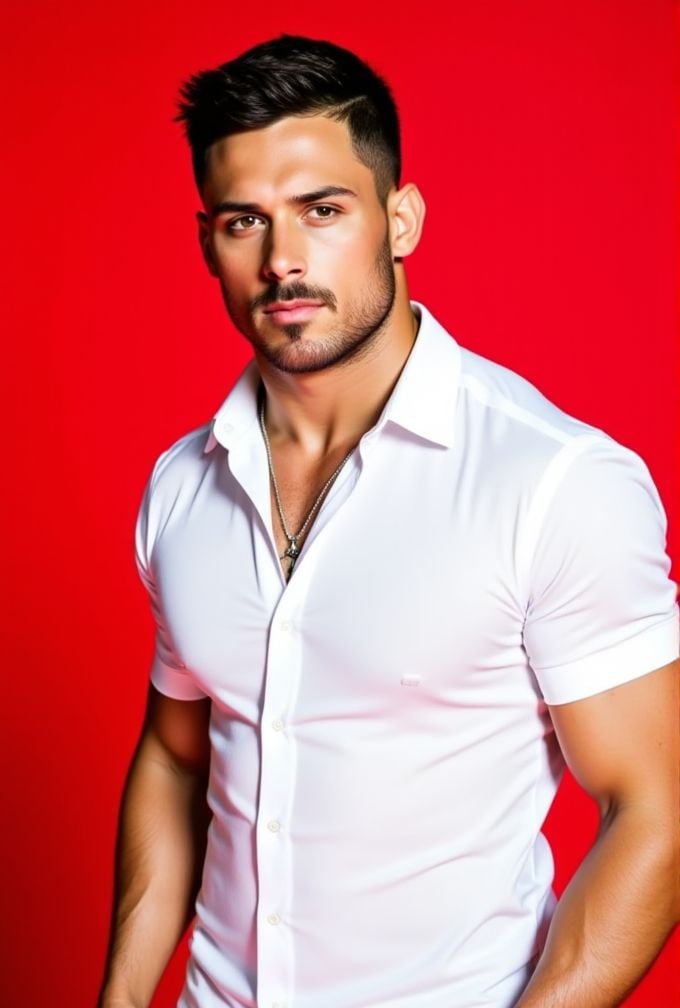 danny amendola ,  The image is a high-resolution photograph,  standing against a solid red background. wavy hair styled to...