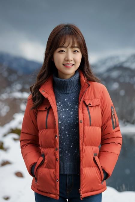 masterpiece, best quality, ultra-detailed, ultra high res, (photorealistic:1.4), raw photo, (realistic:0.2), CG, 8k HDR, cinematic lighting, 1girl, solo, looking at viewer, (winter clothes, padded jacket), outdoor, (snow, snowflakes), night, aurora sky, upper body, lower body, asymmetrical hair, (detailed oily skin, medium breasts:0.8), (detailed face), (detailed background :1.1), smile, teeth, hands in pocket,