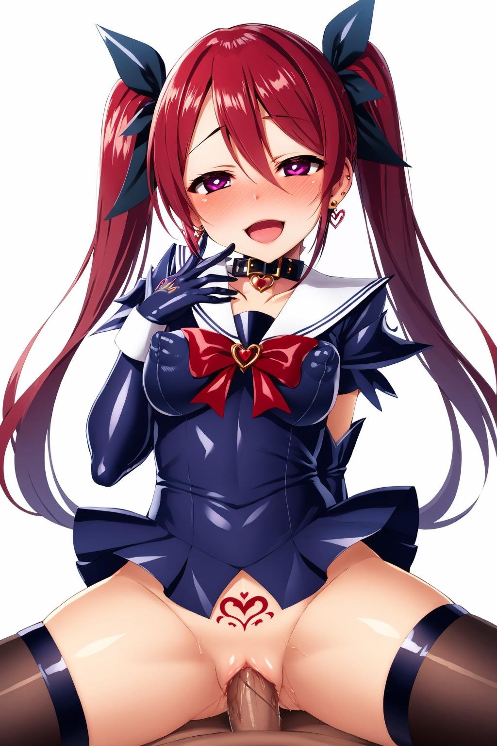 1girl, hetero, tattoo, 1boy, sex, v, penis, long hair, twintails, double v, thighhighs, corruption, vaginal, heart-shaped pupils, gloves, heart, symbol-shaped pupils, blush, elbow gloves, open mouth, pubic tattoo, solo focus, red eyes, collar, covered nipples, smile, purple hair, jewelry, magical girl, dark persona, looking at viewer, sailor collar, red hair, earrings, breasts