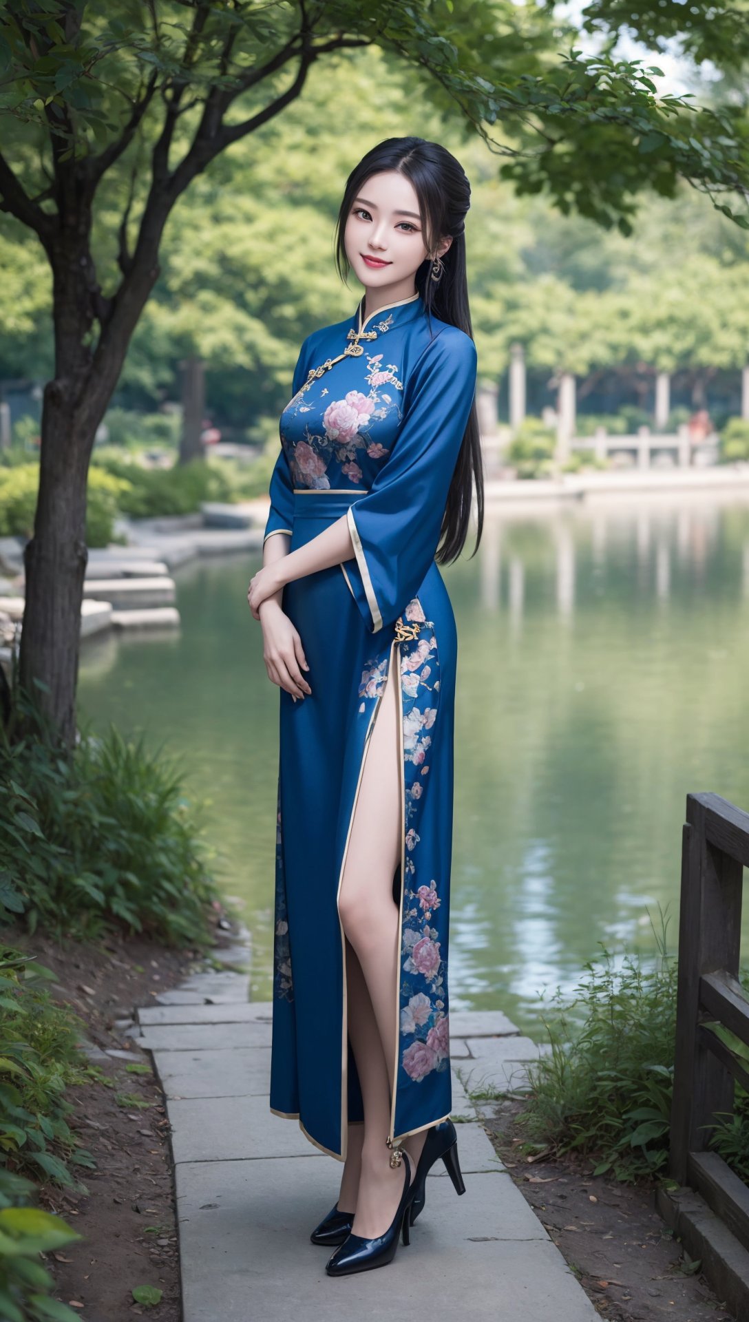 (best quality:1.4),(masterpiece:1.4),(8K:1.4),(extremely detailed:1.4),(Beautiful and detailed face:1.2),(full body:1.2),1girl,solo,looking at viewer,arms at sides,smile,(Extremely detailed chinese clothes:1.2),hanfu,architecture,east asian,riverside,forest,