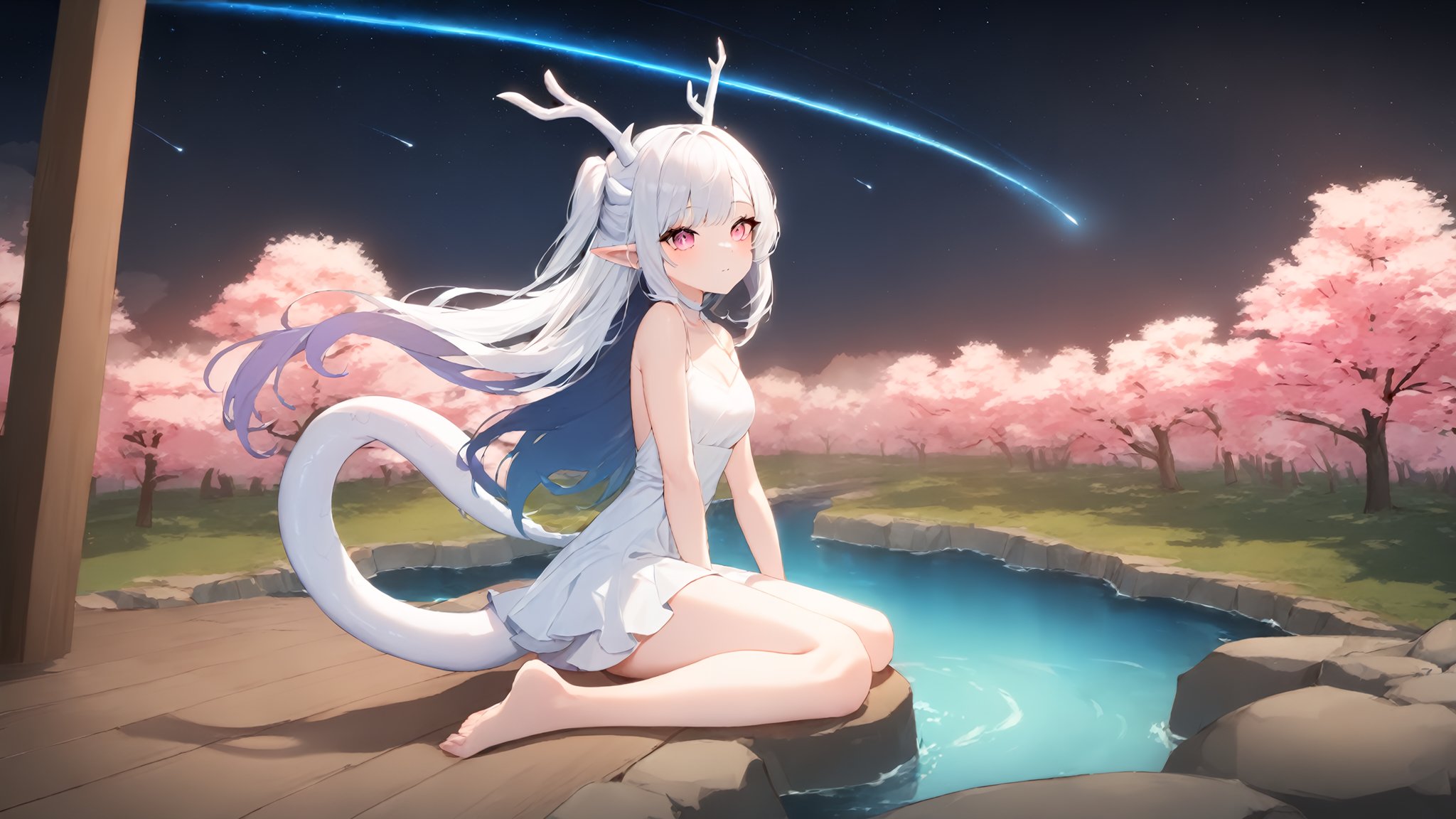 1girl,masterpiece, best quality, recent, newest, absurdres, sensitive,horns, solo, long hair, wings, night, sitting, sky, starry sky, tail, side up, antlers, pink eyes, barefoot, outdoors, wariza, night sky, water, dragon tail, white hair, dragon horns, dragon girl, very long hair, bare shoulders, closed mouth, pointy ears, bangs, shooting star, bare legs, bare arms, river, lake, sakura trees, waterfall, white dress, multicolored hair, blue hair