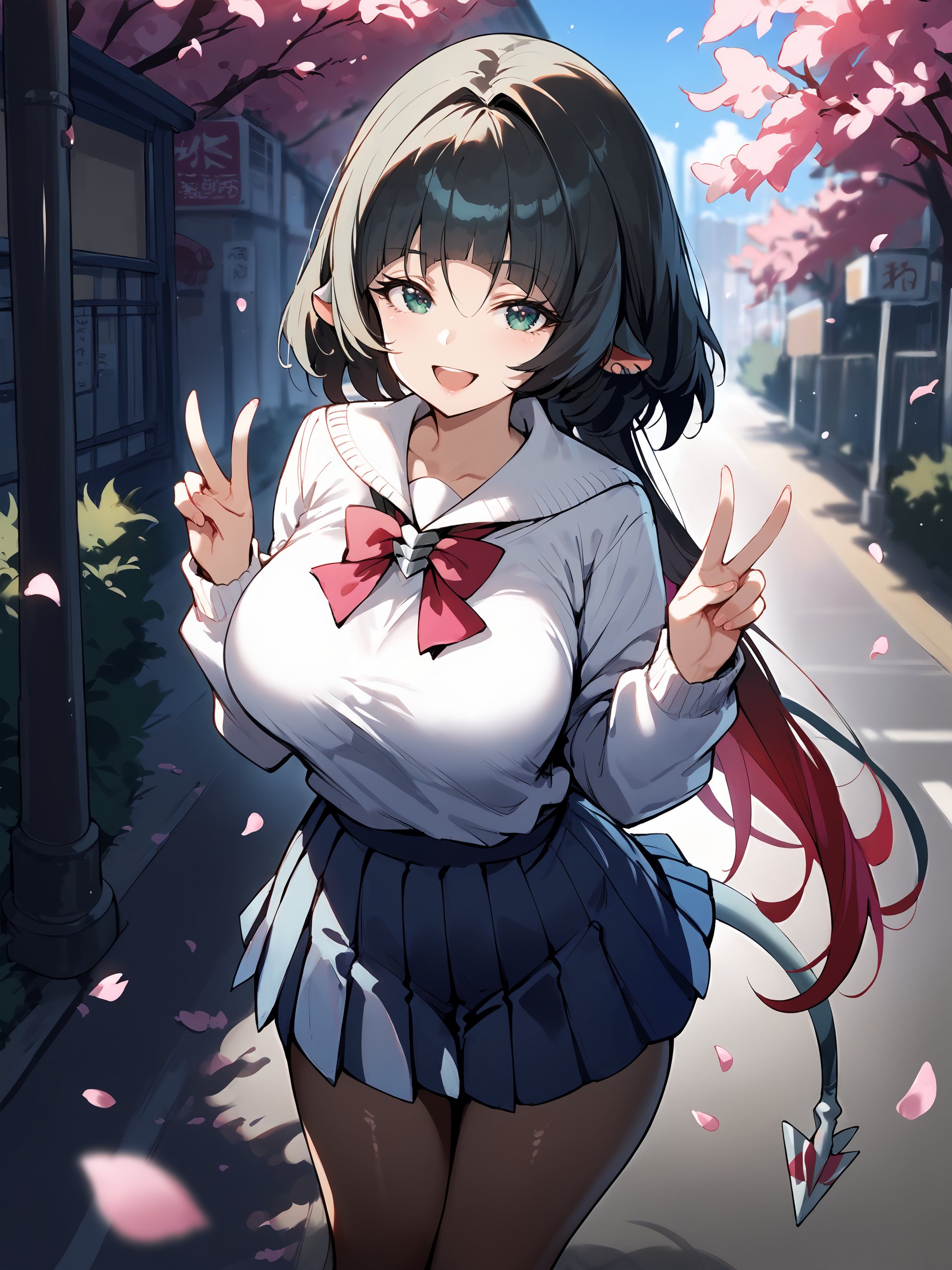 1girl, jane doe \(zenless zone zero\), long hair, solo, school uniform, white shirt, sweater, pleated skirt, pantyhose, smile, open mouth, double v, looking at viewer, smile, open mouth, outdoors, street, cherry blossoms, petals, depth of field, tail <lora:Char-ZZZ-JaneDoe-V1-Pony:1> score_9, score_8_up, score_7_up, source_anime  