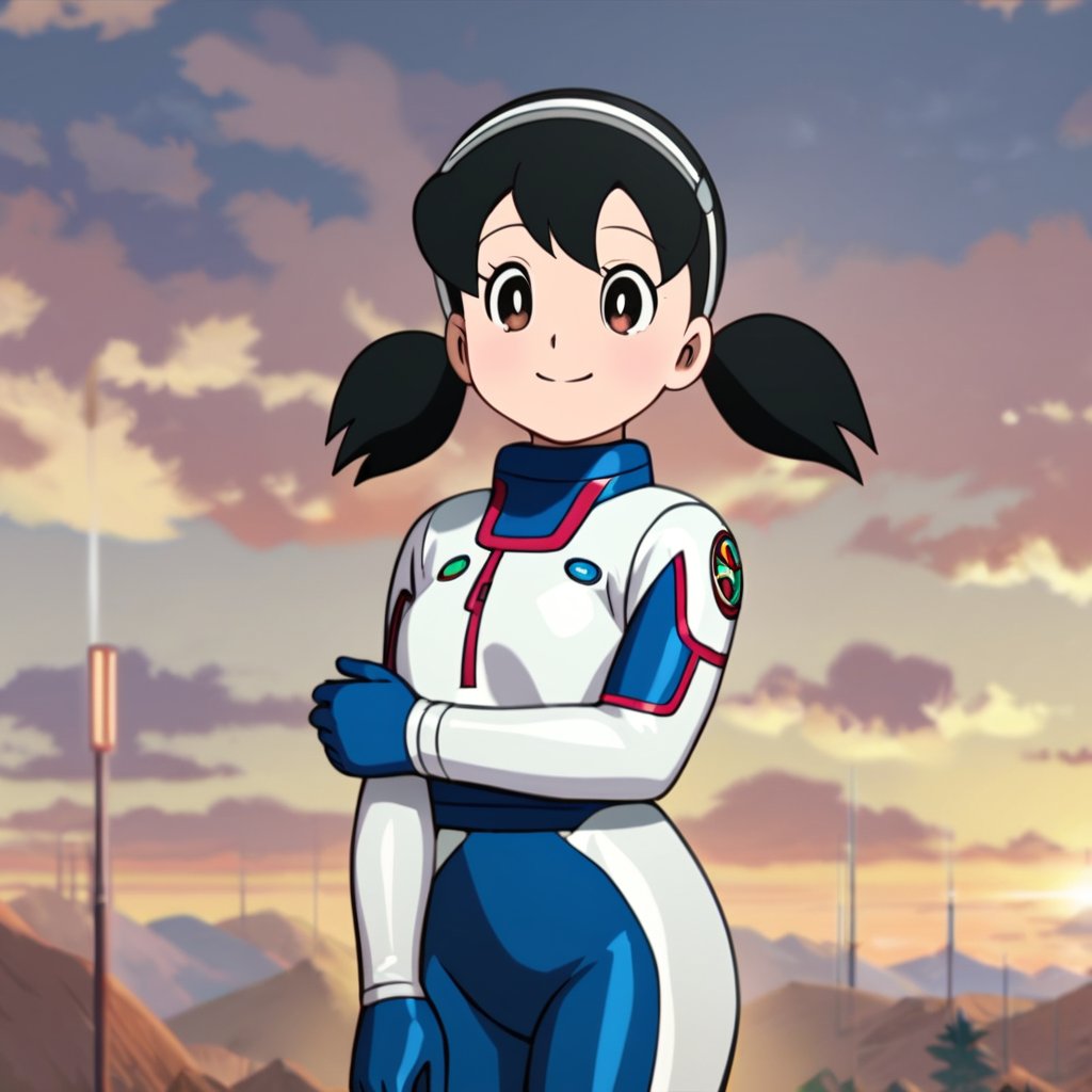 score_9, score_8_up, score_7_up, score_6_up, score_5_up, score_4_up, source_anime,minamoto shizuka, black hair, twintails, cowboy shot, 1girl, solo, smile, Girl in a spacesuit stepping onto the surface of Mars, Earth visible in the distance, vast red landscape, futuristic colony in the background, sense of wonder and exploration, epic sci-fi scene, hyper-realistic detail,masterpiece, perfect face, best quality, beautiful girl, cute girl, beautiful eyes, shiny eyes, anime coloring, anime screencap, absurdres,<lora:minamoto shizuka auti 923 1:0.8>