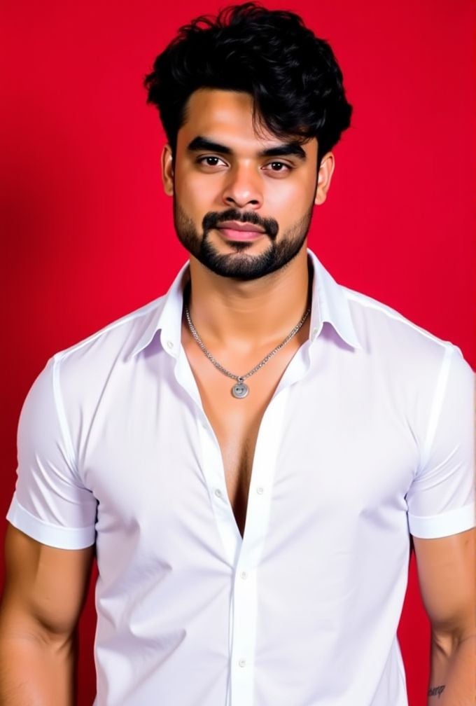 tovino thomas ,  The image is a high-resolution photograph,  standing against a solid red background. wavy hair styled to...