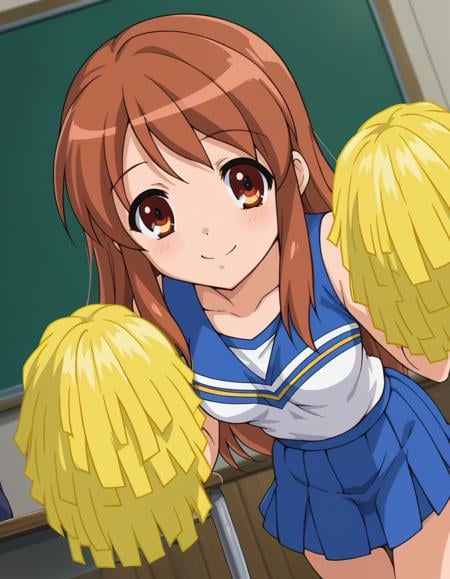 score_9, score_8_up, score_7_up, source_anime,mikuruasahina,  <lora:mikuru-asahina-s1-ponyxl-lora-nochekaiser:1>,mikuru asahina, long hair, brown hair, brown eyes,skirt, pleated skirt, blue skirt, cheerleader, pom pom \(cheerleading\), sleeveless,indoors, classroom, bent over, smile,looking at viewer, dutch angle, cowboy shot, solo,