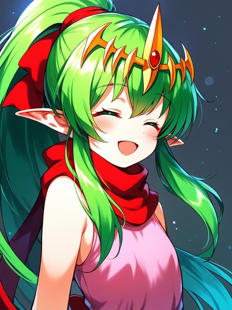 score_9, score_8_up, score_7_up, source_anime, rating_explicit, BREAK  <lora:Tiki_FE_XL:1>  Tiki, pointy ears, long hair, green hair, ponytail, tiara, green eyes, flat chest, hair ribbon, very long hair, short stack,solo, closed eyes, open mouth, smile, upper body, dress, looking at viewer, pink dress, sleeveless, scarf, ribbon,  blush,  bangs, red ribbon, sleeveless dress,looking at viewer, grassland, 