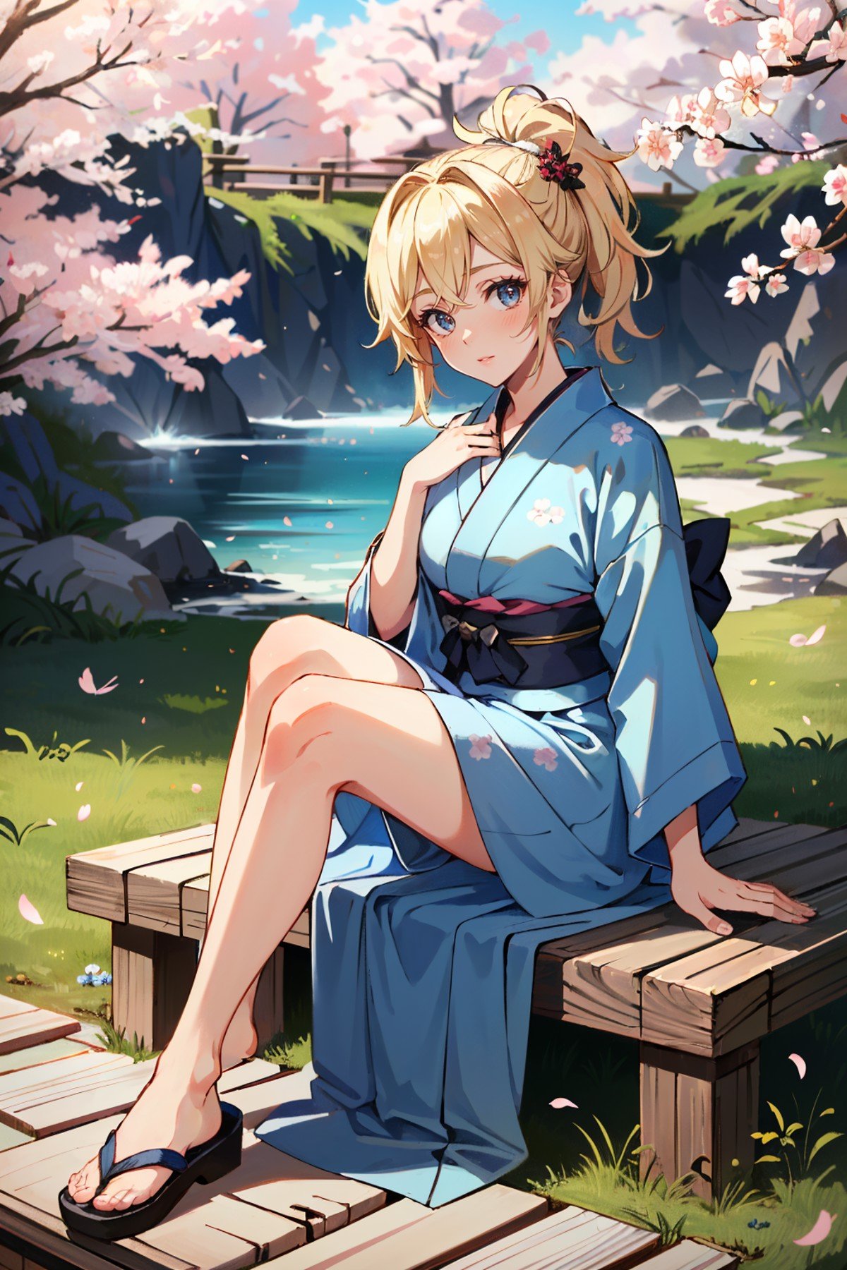 ((ultra detailed, masterpiece, absurdres))<lora:OMercy:0.8>OMercy, 1girl, blonde hair, ponytail, looking at viewer, yukata, japan, cherry blossoms, hair ornament, sitting, full body