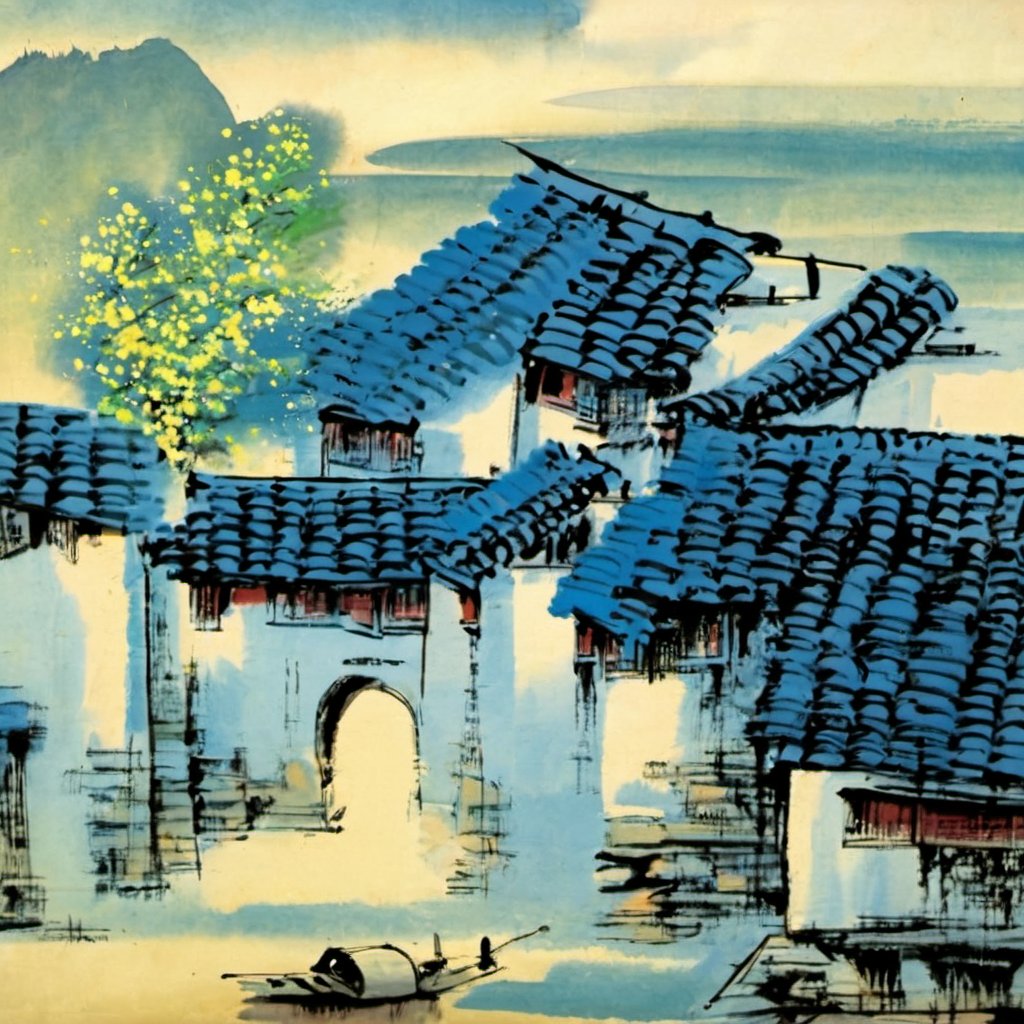 guohua, no humans, sky, outdoors, building, day, traditional media, architecture, scenery, blue sky,<lora:江南水乡_国画_V1.0XL:1>, masterpiece, best quality,