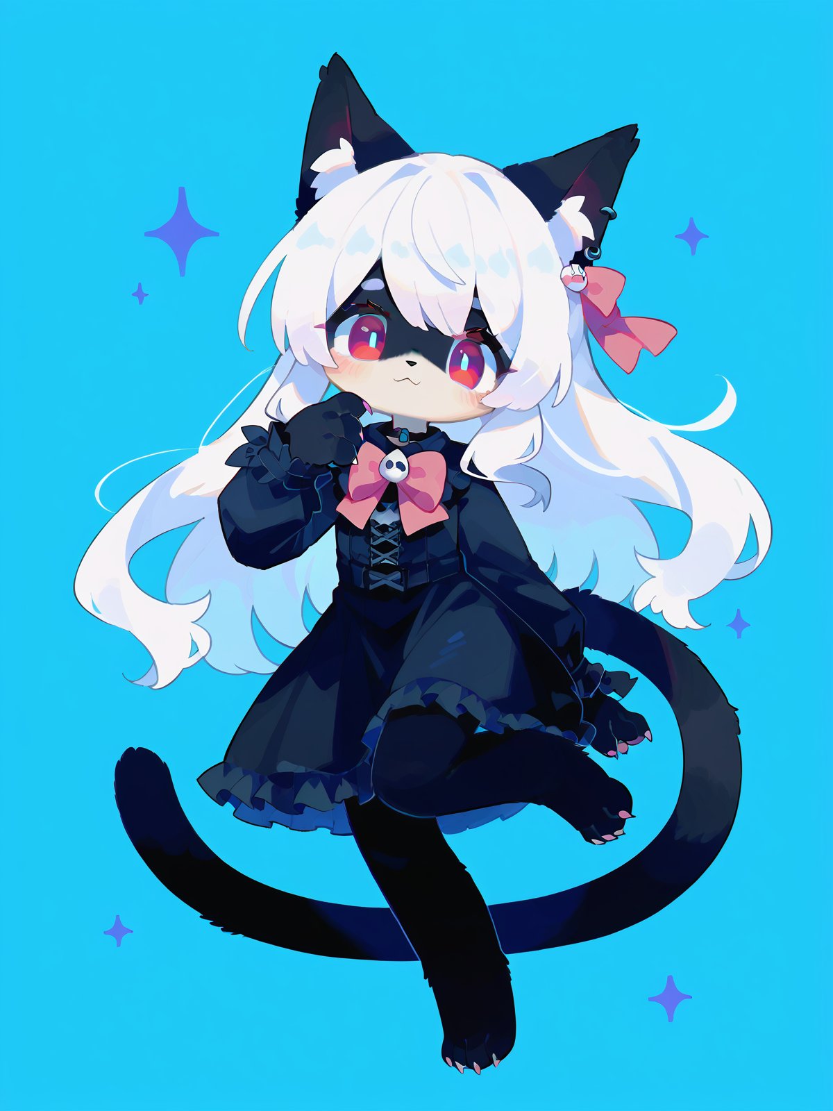 score_9, score_8_up, score_7_up, score_6_up, score_5_up, score_4_up, source_anime, source_furry, rating_safe, embedding:zPDXL2, 1girl, solo, furry, kemono, black cat girl, black fur, white hair, gothic, blue background, looking at viewer, hand, paws, black cat tail, full body, pink bows,