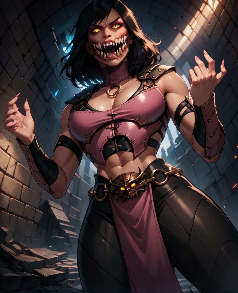 score_9,score_8_up,score_7_up,glowing eyes,mileenamk10,black hair,yellow eyes,medium hair,slit pupils,hands up,pink fingernails,pink top,cleavage,stitched,leather armor,belt chain,tight black pants,o-ring,pelvic curtain,extra teeth,looking at viewer,angry,open mouth,dynamic angle,dungeon,underground,<lora:Mileenamk10:0.8>,