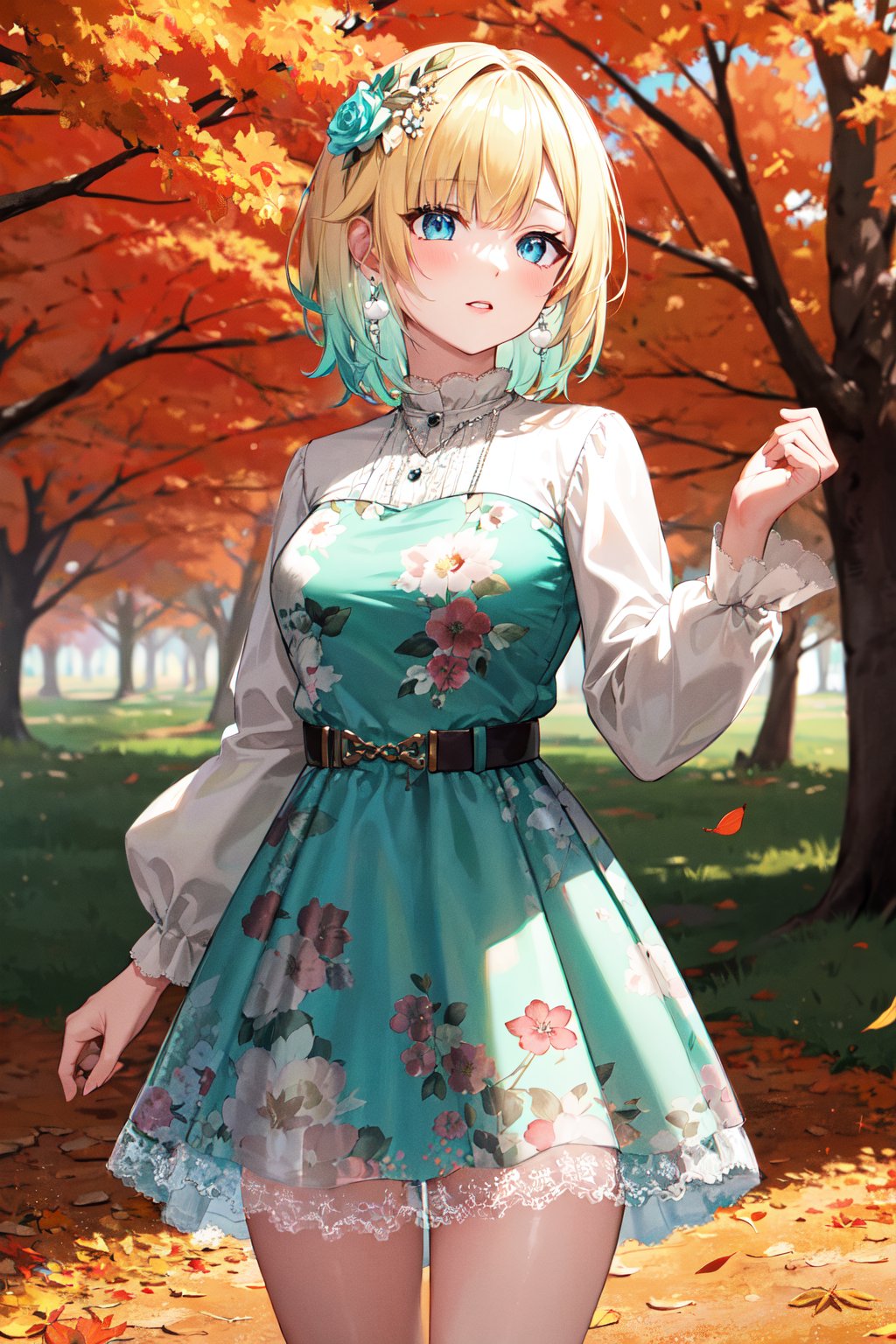 masterpiece, best quality, highres, aaema, short hair, gradient hair, hair flower, earrings, necklace, white shirt, print dress, aqua dressbelt, floral print, long sleeves, <lora:aizawa_ema_v1:0.7>, standing, outdoors, autumn leaves, cowboy shot, 