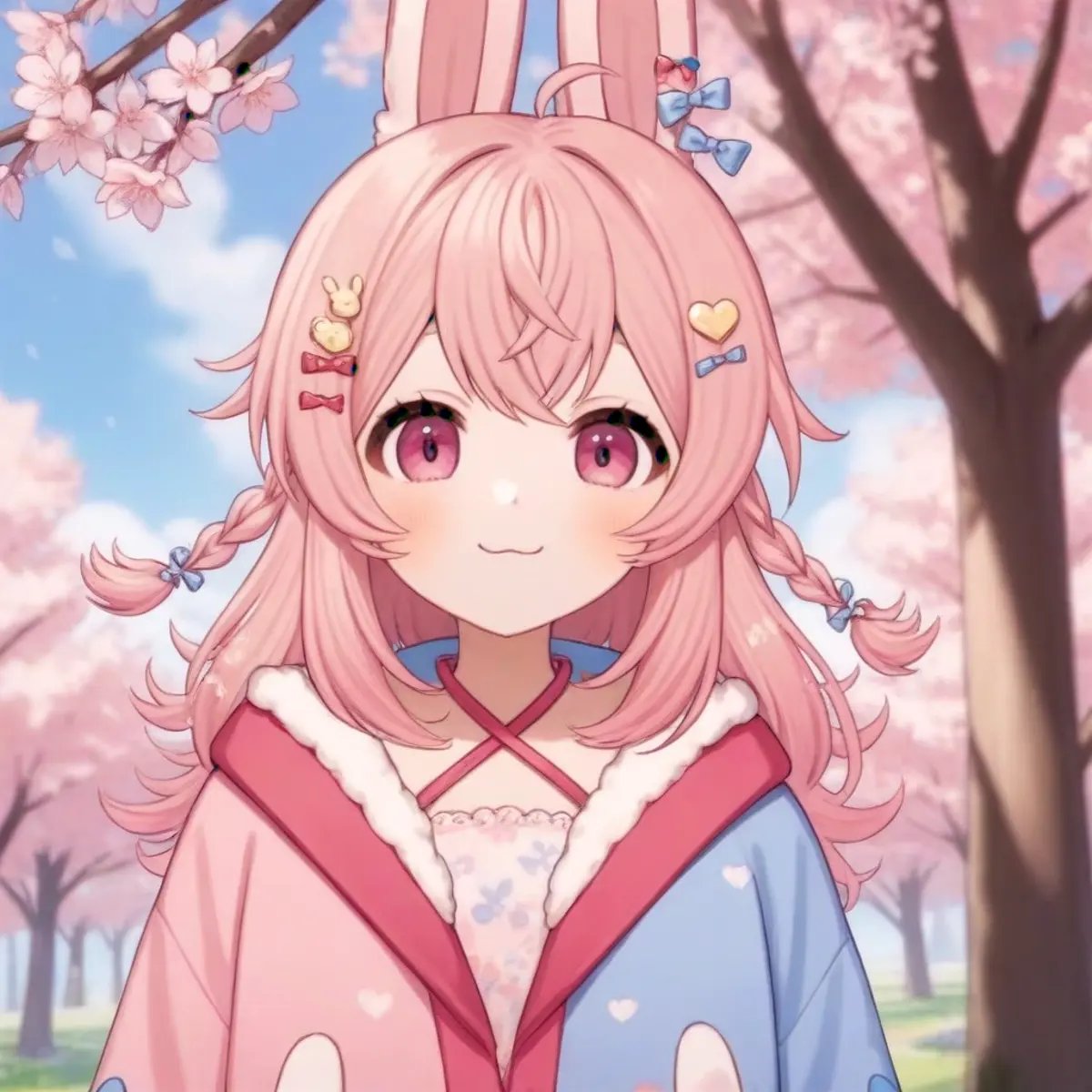 pippa, :3 rabbit ears, bangs, rabbit girl, sleeves past wrists, solo, twin braids, virtual youtuber, ahoge, pink eyes, pink hairpipi hairclip, heart hairclip, bow hairclip, bunny hairclip, red bow hairclip, tiny heart hairclip,((oversized sweater, clouds, sakura trees))(((best quality, ultra-detailed, shading, sharpness, volumetric lighting,))) <lora:PIPPA-XL-t9-000001:0.6>