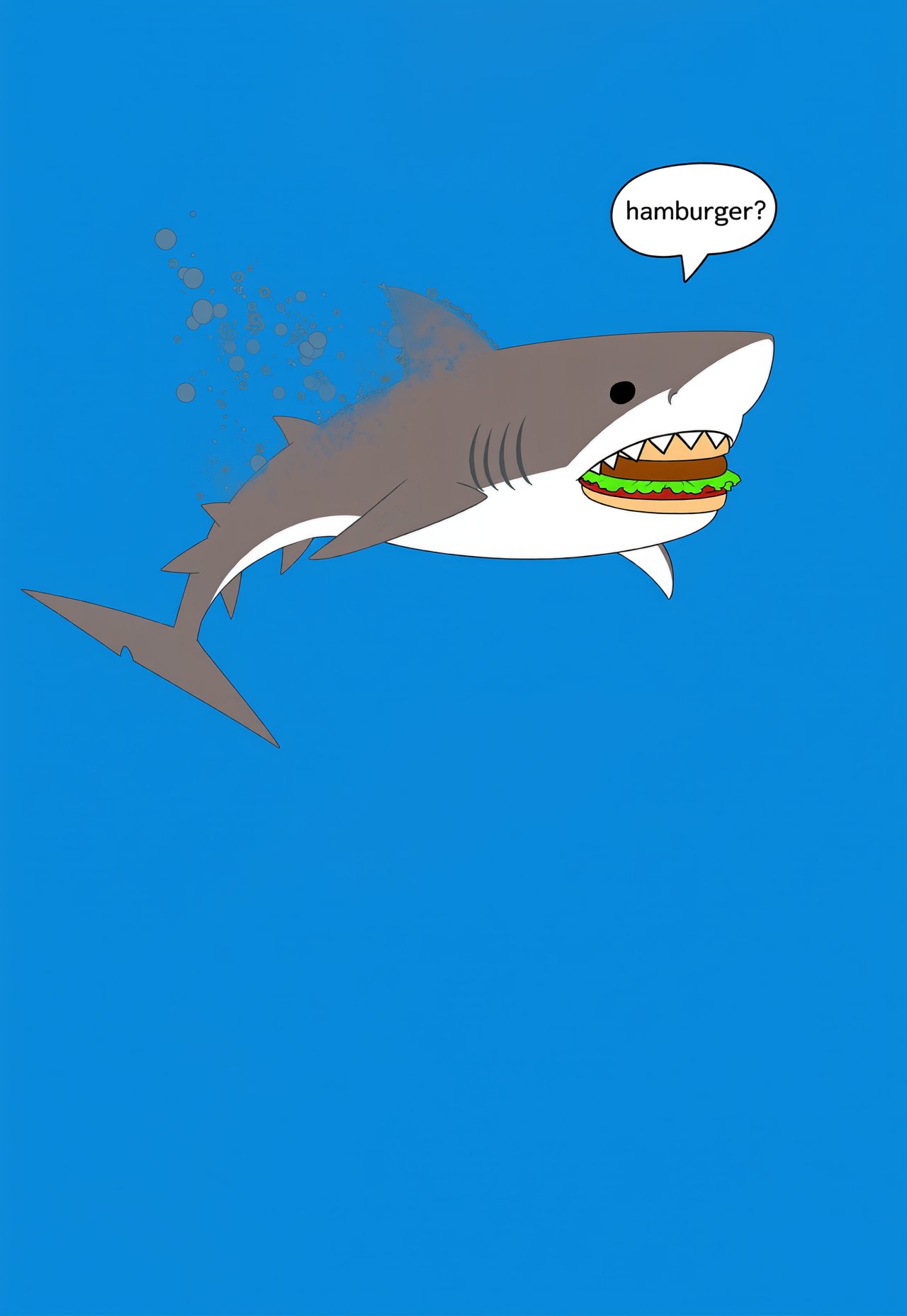 flat color,  shark,  speech bubble "hamburger?" by interfusor on Tensor.Art