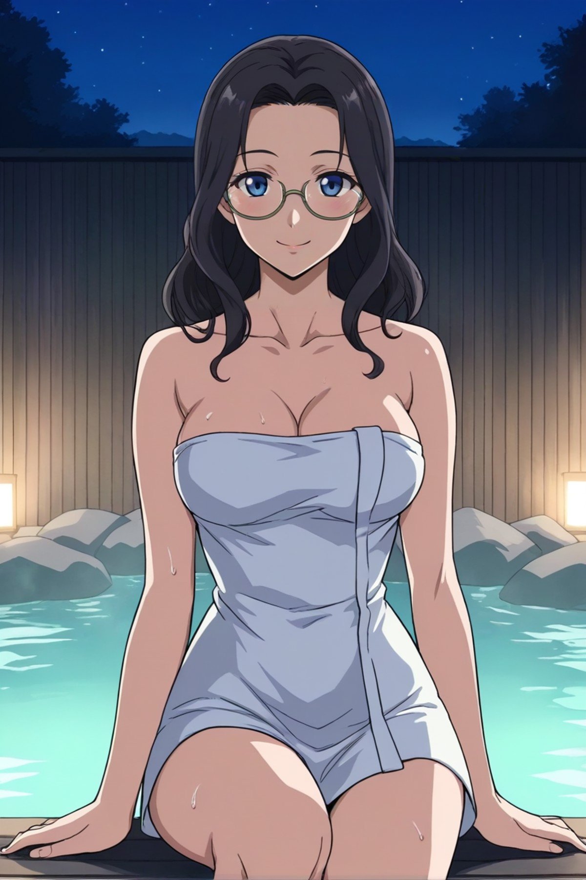 best quality,masterpiece,looking at viewer,absurdres,1girl,score_9,score_8_up,score_7_up,source_anime BREAK bare shoulders,breasts,cleavage,collarbone,white naked towel,night,night sky,onsen,rock,sky,smile,solo,star (sky),sweat,sweatdrop,thighs,water,wooden basin,basin,<lora:019-天上天下-葛葉真鱼XLV1:0.8>,kuzunoha mana,black hair,glasses,long hair,blue eyes,breasts,