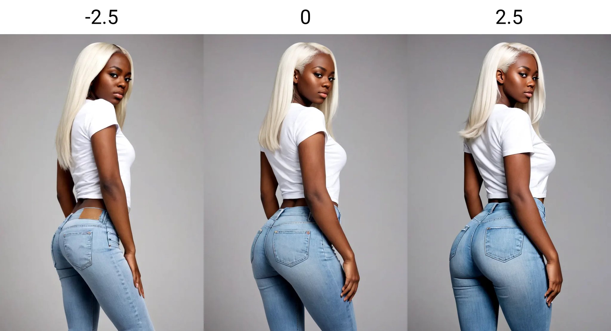 <lora:Bubble Butt_alpha1.0_rank4_noxattn_last:-2.5>, butt, woman, ((standing)), (jeans), (white tshirt), ((looking at viewer)), bubble butt, beautiful face, (((side view))), (white straight hair), <lora:Skin Color_alpha1.0_rank4_noxattn_last:2.5>, 