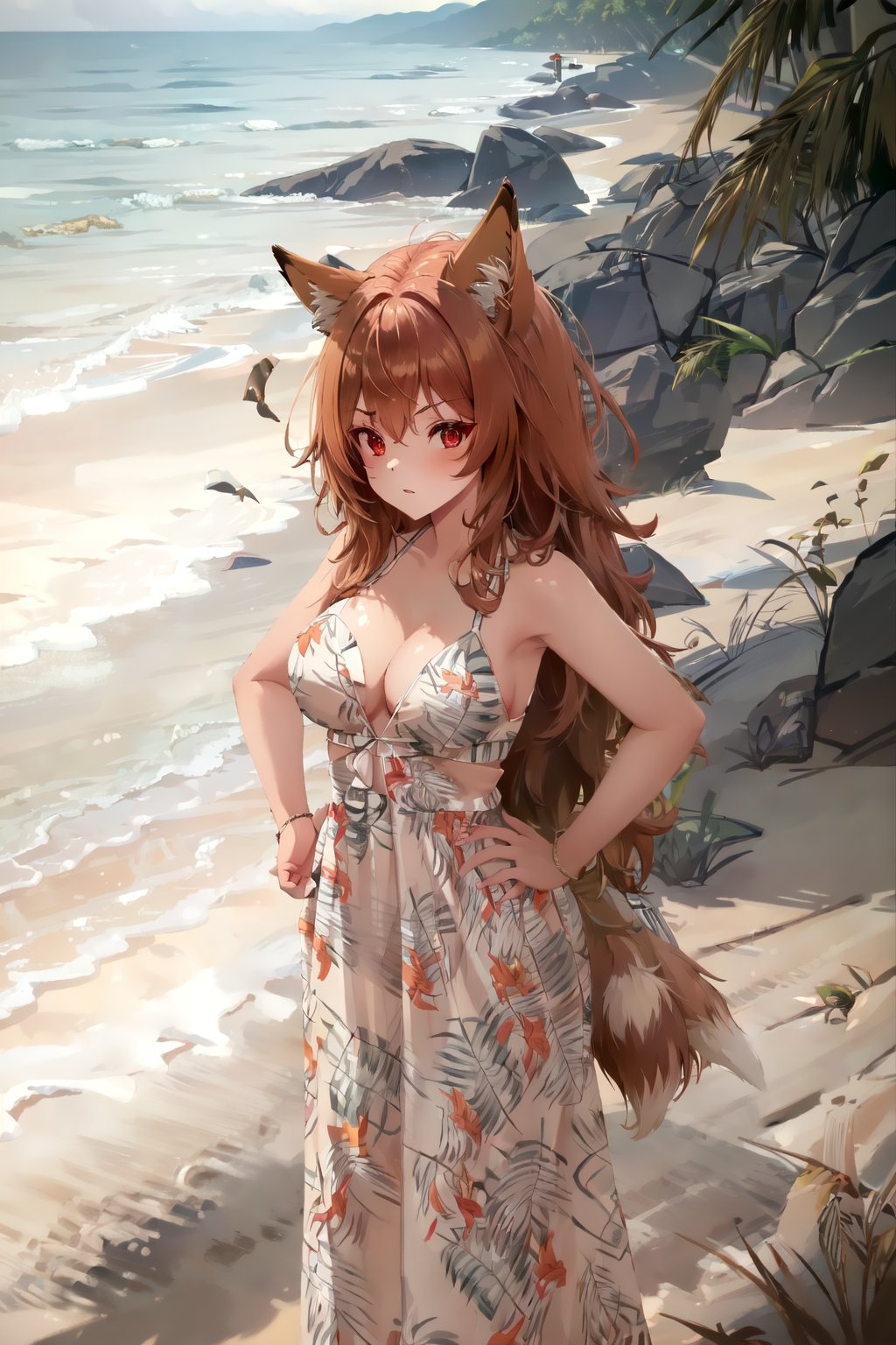 (masterpiece:1.3),(absurdres:1.3),(best quality:1.3),flwdrss,1girl,beach,red hair,long hair,looking at viewer,red eyes,upper body,<lora:FlowerDressSD15:1>,fox girl,fox ears,fox tail,medium breasts,glowing eyes,(makeup:1.2),(hands on own hips:1.2)