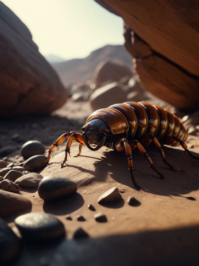 realistic  cinematic photo, source_science. still life, cracked rocky stone, huge mars alien centipede, spill, stone shards fixl-art