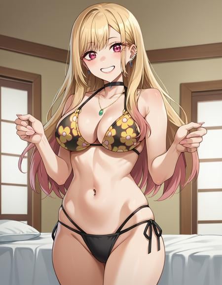 score_9, score_8_up, score_7_up, source_anime, marinkitagawa, <lora:marin-kitagawa-ponyxl-lora-nochekaiser:1>, marin kitagawa, long hair, bangs, blonde hair, red eyes, multicolored hair, smile,navel, cleavage, jewelry, swimsuit, bikini, earrings, choker, necklace, black bikini, side-tie bikini bottom, halterneck, black choker, piercing, floral print, ear piercing, string bikini, print bikini, multi-strapped bikini, barbell piercing, industrial piercing,indoors, bed,looking at viewer, cowboy shot, dutch angle, dynamic pose,