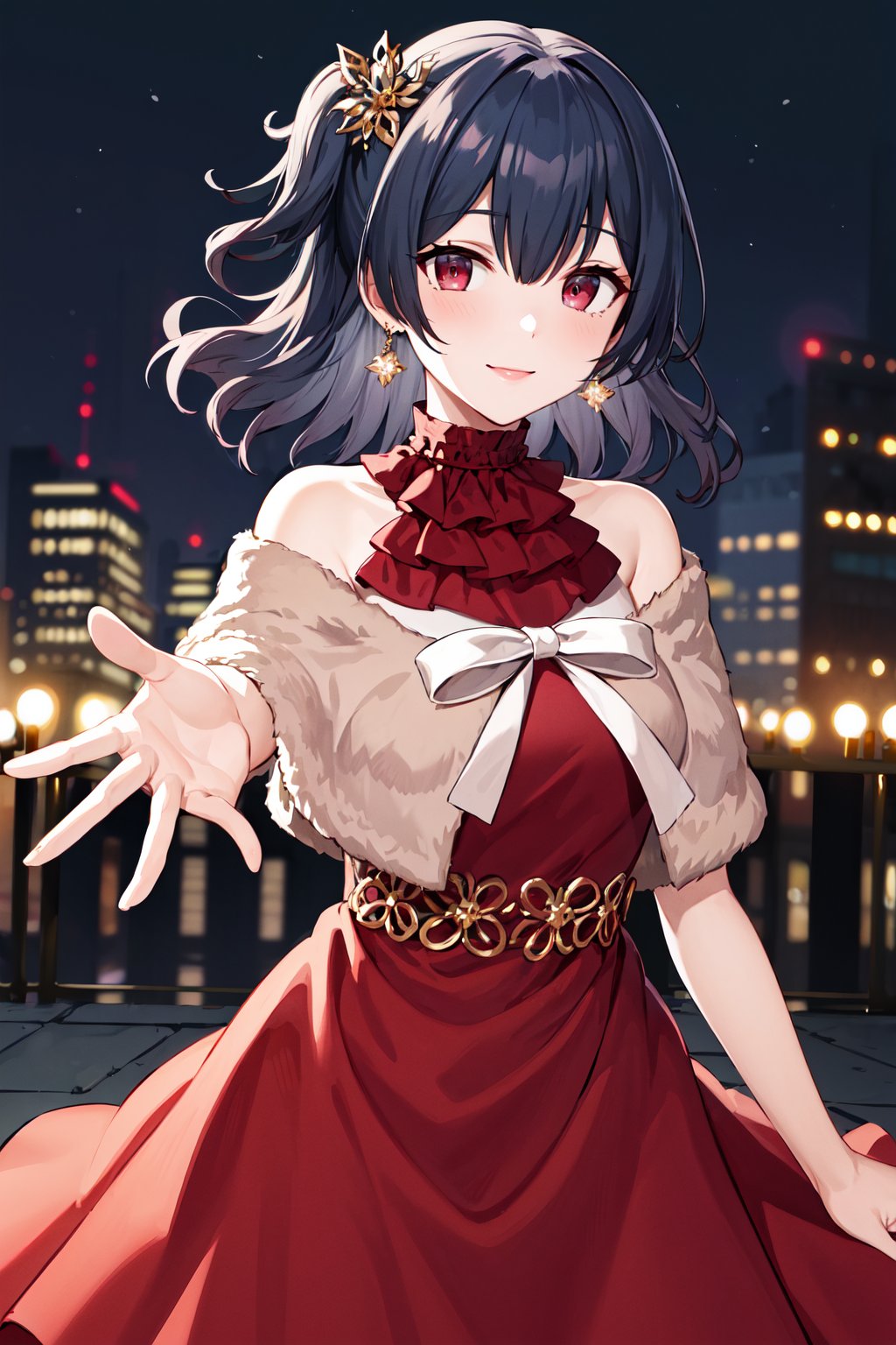 masterpiece, best quality, highres, ffrinze, medium hair, hair ornament, earrings, jewelry, bare shoulders, capelet, ribbon, sleeveless dress, red dress, <lora:morino_rinze_v1:0.7>, city, night, reaching out, smile, 