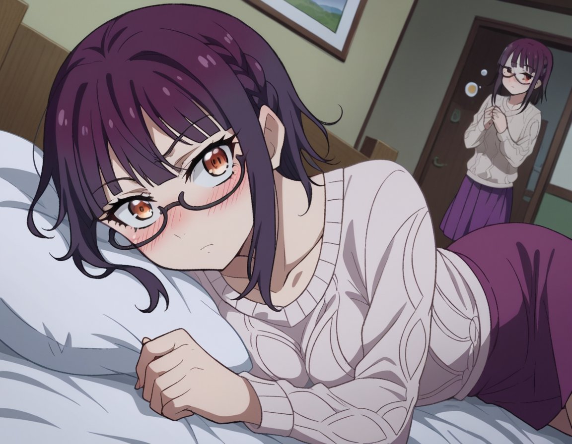 score_9, score_8_up, score_7_up, source_anime,sumikafujimiya, <lora:sumika-fujimiya-s1-ponyxl-lora-nochekaiser:1>,sumika fujimiya, brown eyes, purple hair, braid, glasses, semi-rimless eyewear, under-rim eyewear,sweater, long sleeves, collarbone, skirt, purple skirt,indoors, bed, bed room, on side, blush, drunk,looking at viewer, dutch angle,