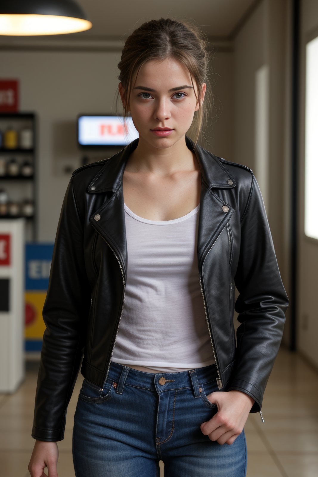 full body photo of a 23 year old Dutch woman, undercut hairstyle, tee, leather jacket, jeans, 80s convenience store, very detailed, atmospheric haze, film grain, cinematic film still, shallow depth of field, highly detailed, high budget, cinemascope, moody, epic, gorgeous, 2000s vintage RAW photo, photorealistic, color graded cinematic, eye catchlights, atmospheric lighting, skin pores, imperfections, natural, shallow dof