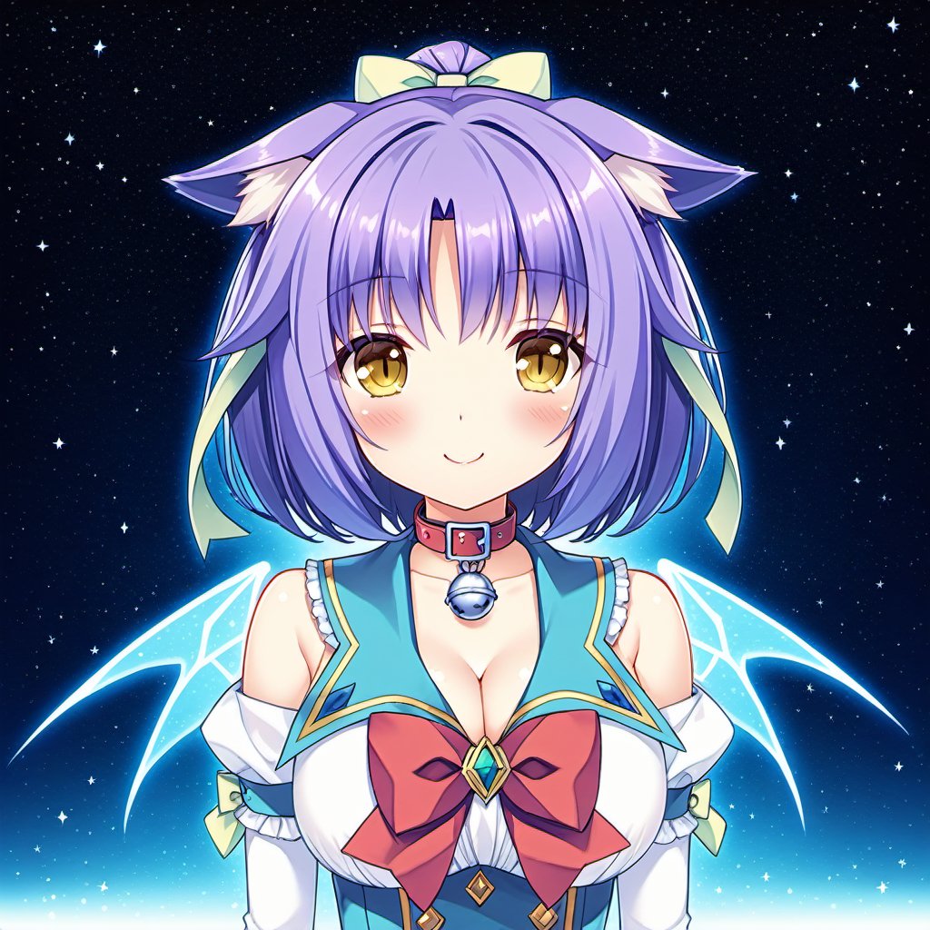 <lora:Hans-Nekopara-base-v2-000010:0.8>,nekopara,Cinnamon_\(nekopara\), solo, smile, animal_ears, gloves, cat_ears, breasts, bell, ribbon, purple_hair, white_gloves, looking_at_viewer, bow, neck_bell, hair_ribbon, yellow_eyes, jingle_bell, large_breasts, cleavage, collar, bowtie, wings, blush, upper_body, choker, sailor_collar, short_hair, red_bow, collarbone, starry_sky, star_(sky), bangs, bare_shoulders