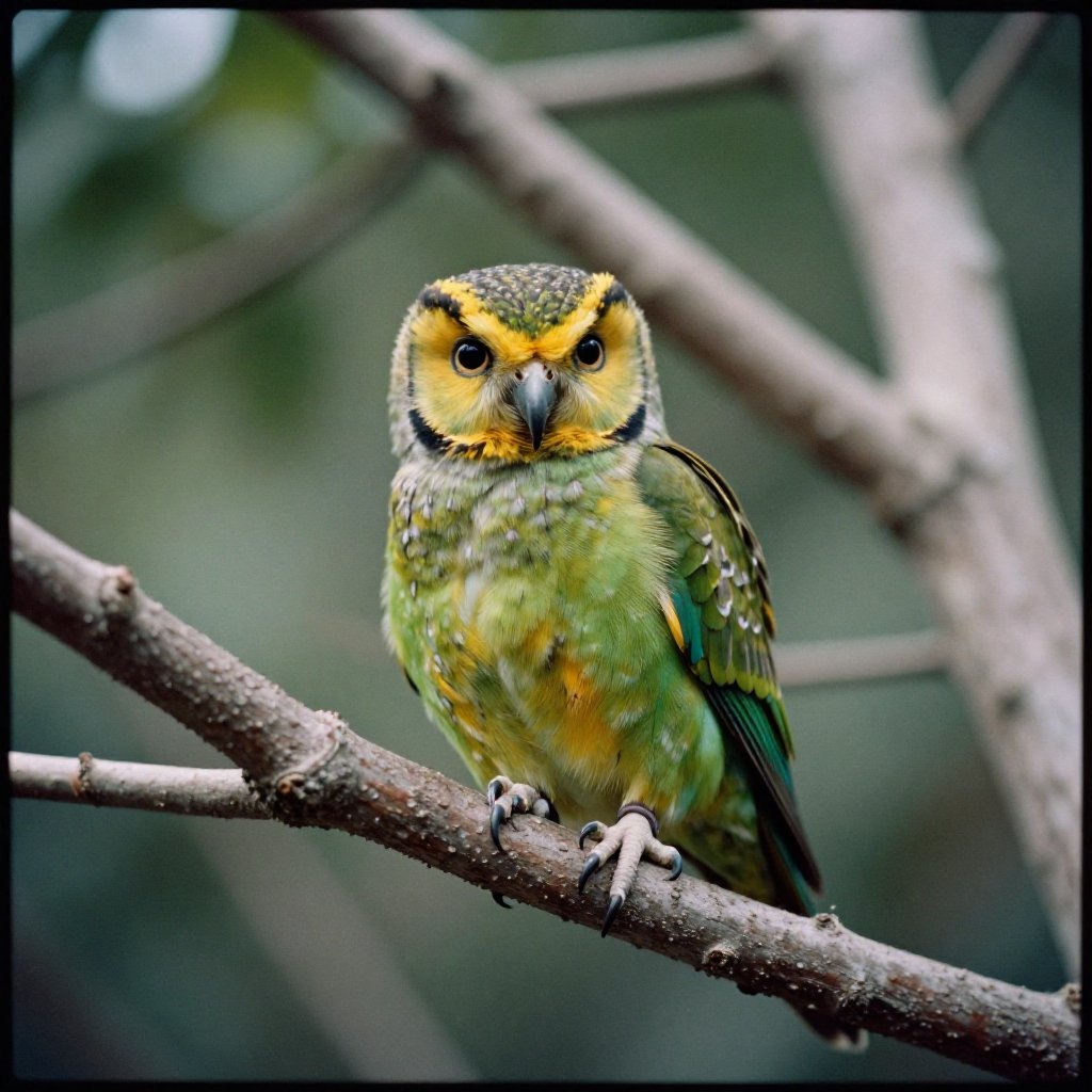 analog film photo of cinematic style,  Kodak Portra 400 analog film stocks of a green and yellow bird perched on a tree br...