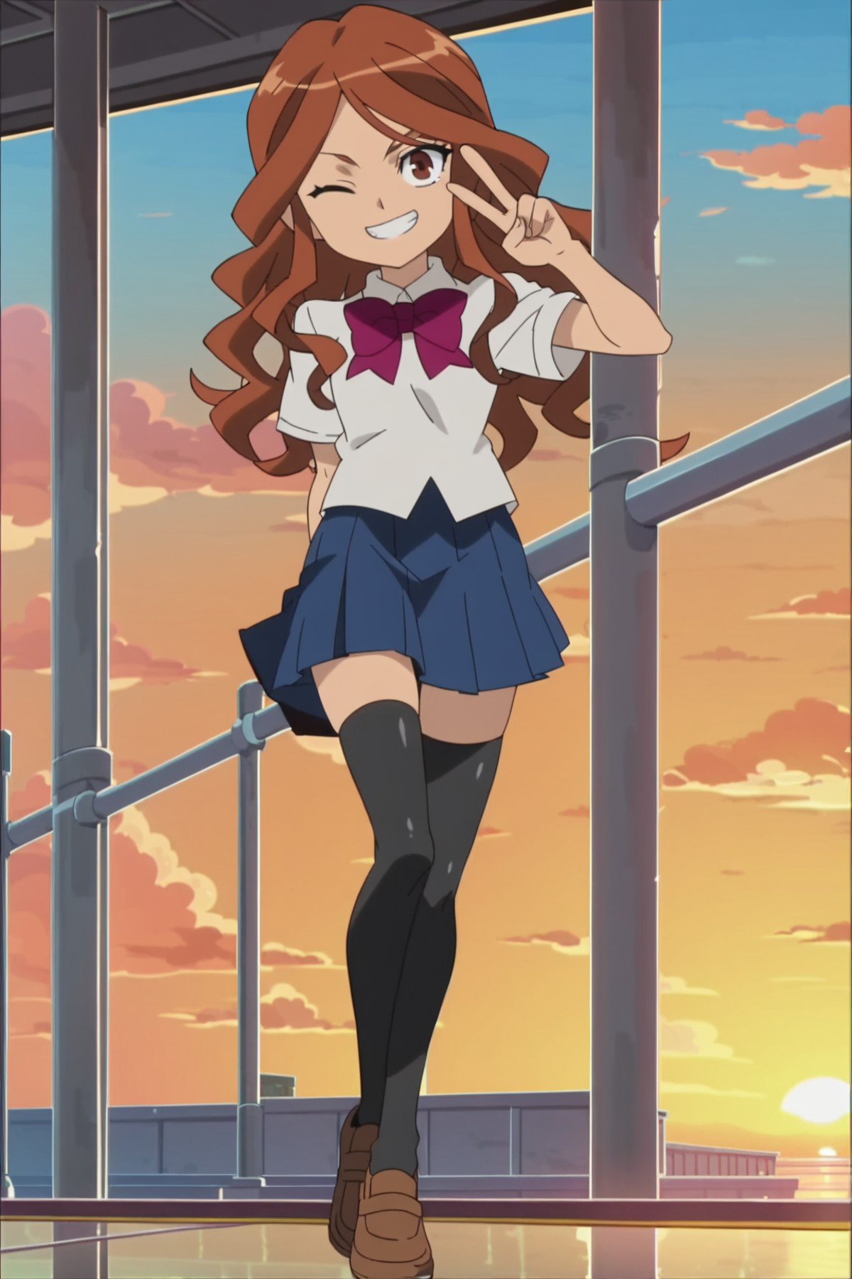 score_9, score_8_up, score_7_up, <lora:raimon_pony_v1-000060:0.7> (raimon_natsumi), best quality, 4k, 1girl, (solo), anime screencap, full body, wink, school uniform, blue skirt, orange sky, sunset, looking at viewer, black thighhighs, 