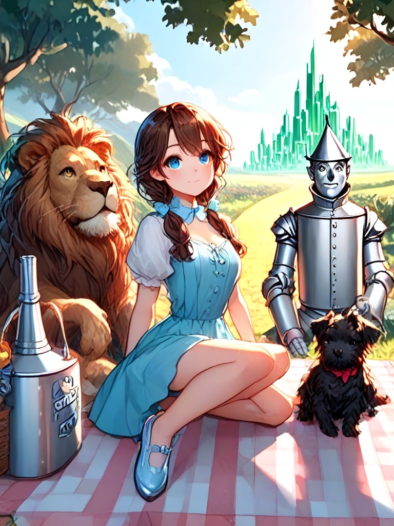 source_anime, oz, dorothy gale, brown hair, blue dress, miniskirt, silver shoes, cowardly lion, black toto, the scarecrow, tin man, looking at viewer, full body, upper body, close-up, emerald city in distance, profile, from side, kneeling on ground, picnic, <lora:girllikewizardofoz_pony:1>